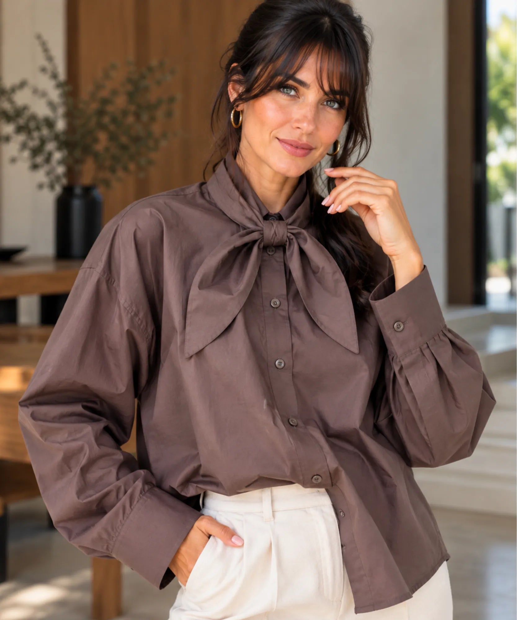 Women's tie neck blouse with long sleeves in mocha