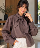 Women's tie neck blouse with long sleeves in mocha