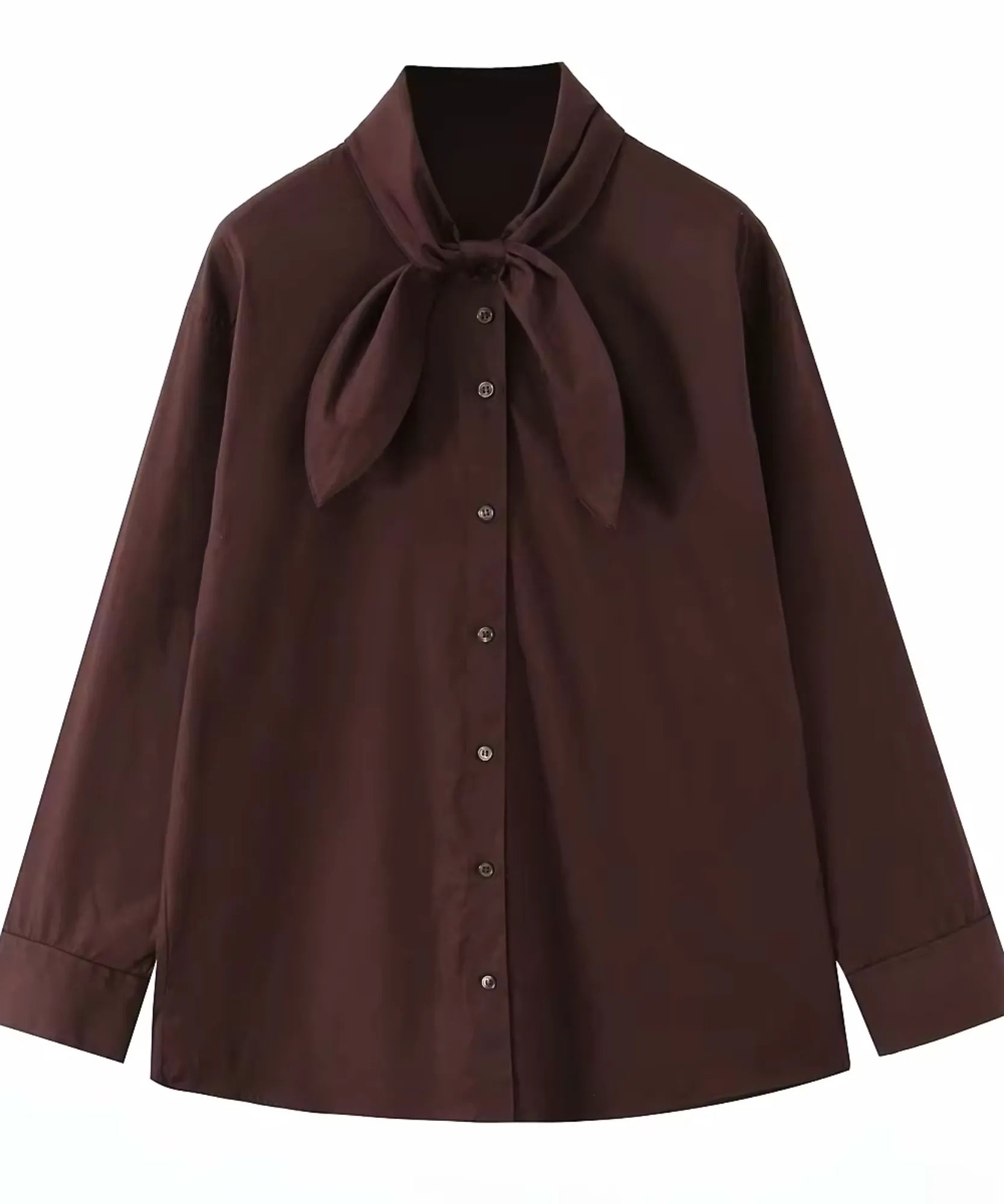 Mocha cotton blend tie neck blouse, front view