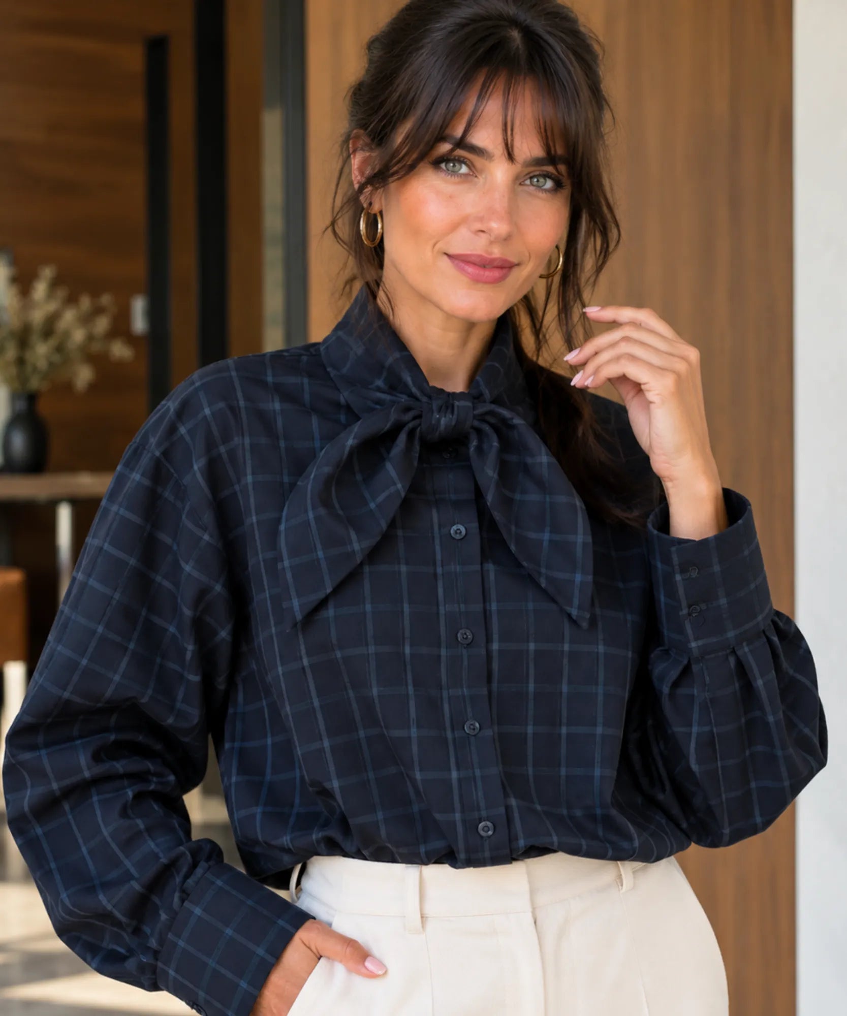 Women's tie neck blouse with long sleeves in navy plaid