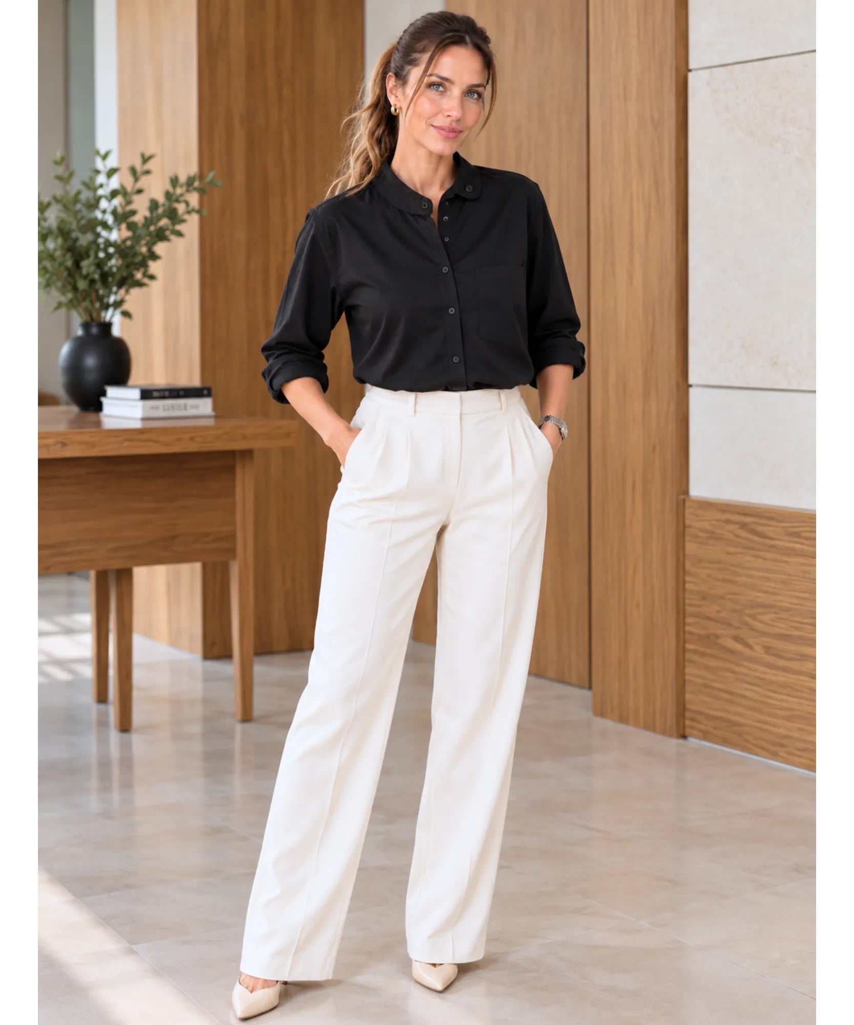 Women's relaxed black button up shirt, full length with ivory wide-leg trousers