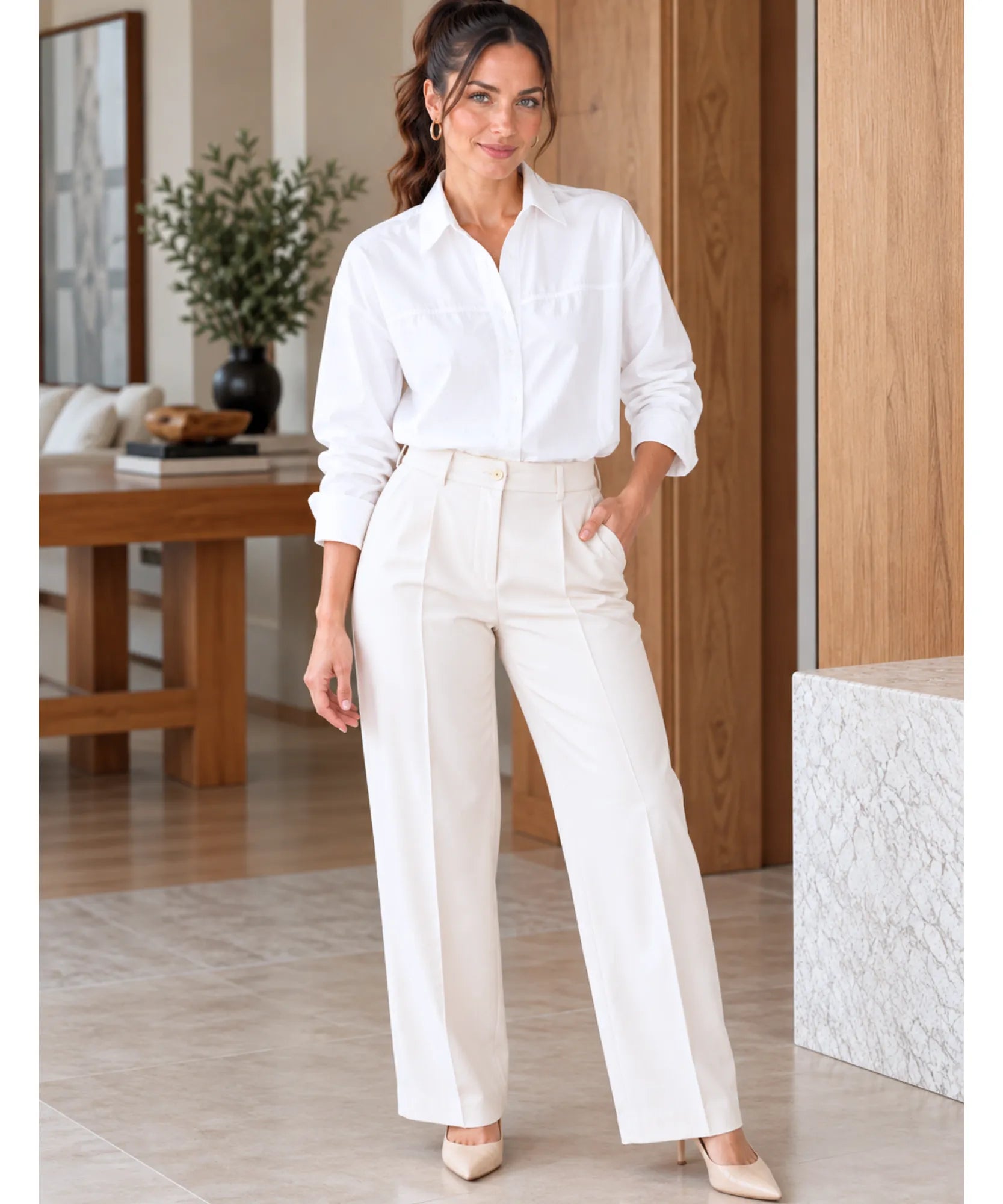 Women's long sleeve shirt in white, full length with wide-leg trousers