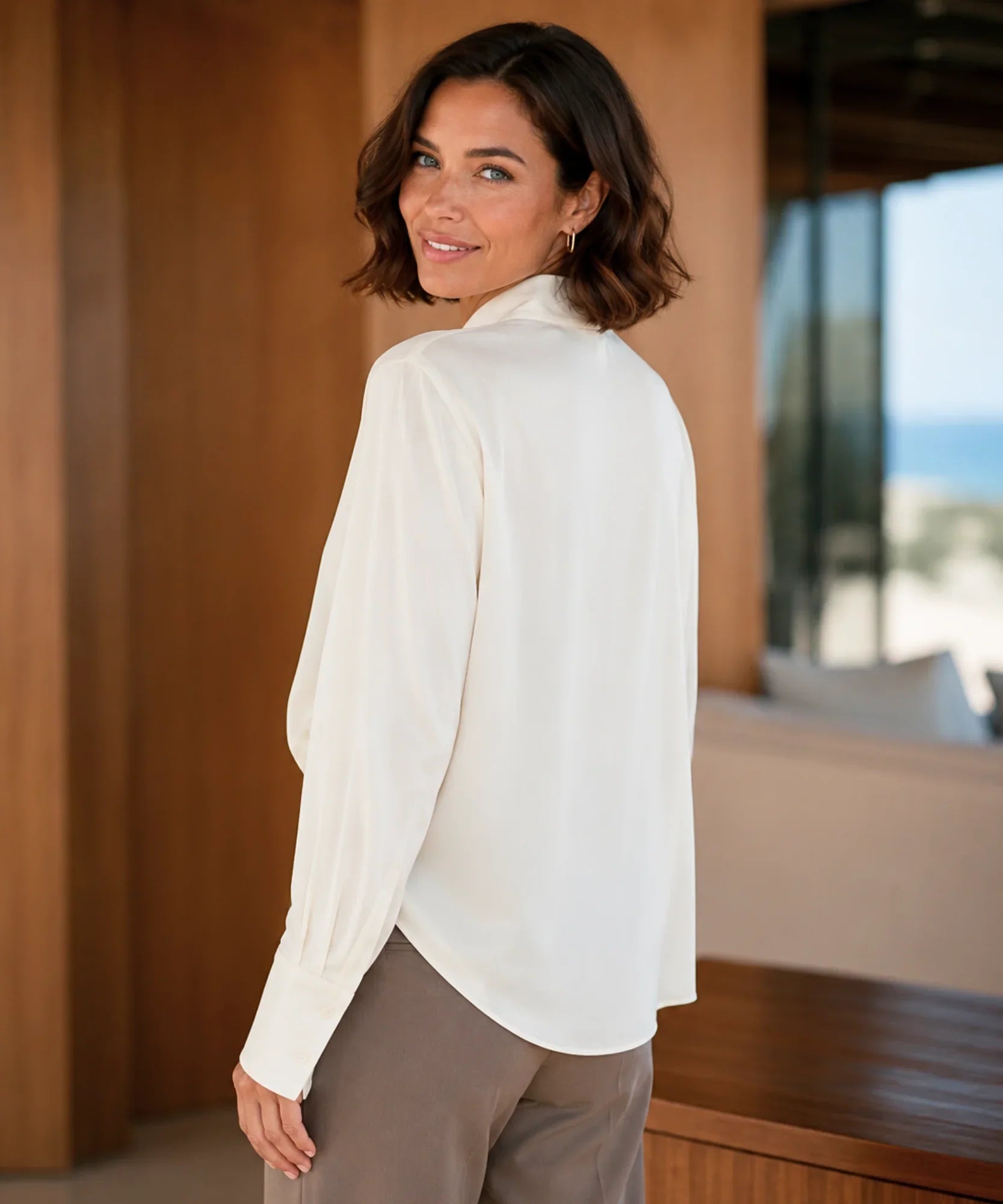 Women's long sleeve round collar wrap blouse, front view