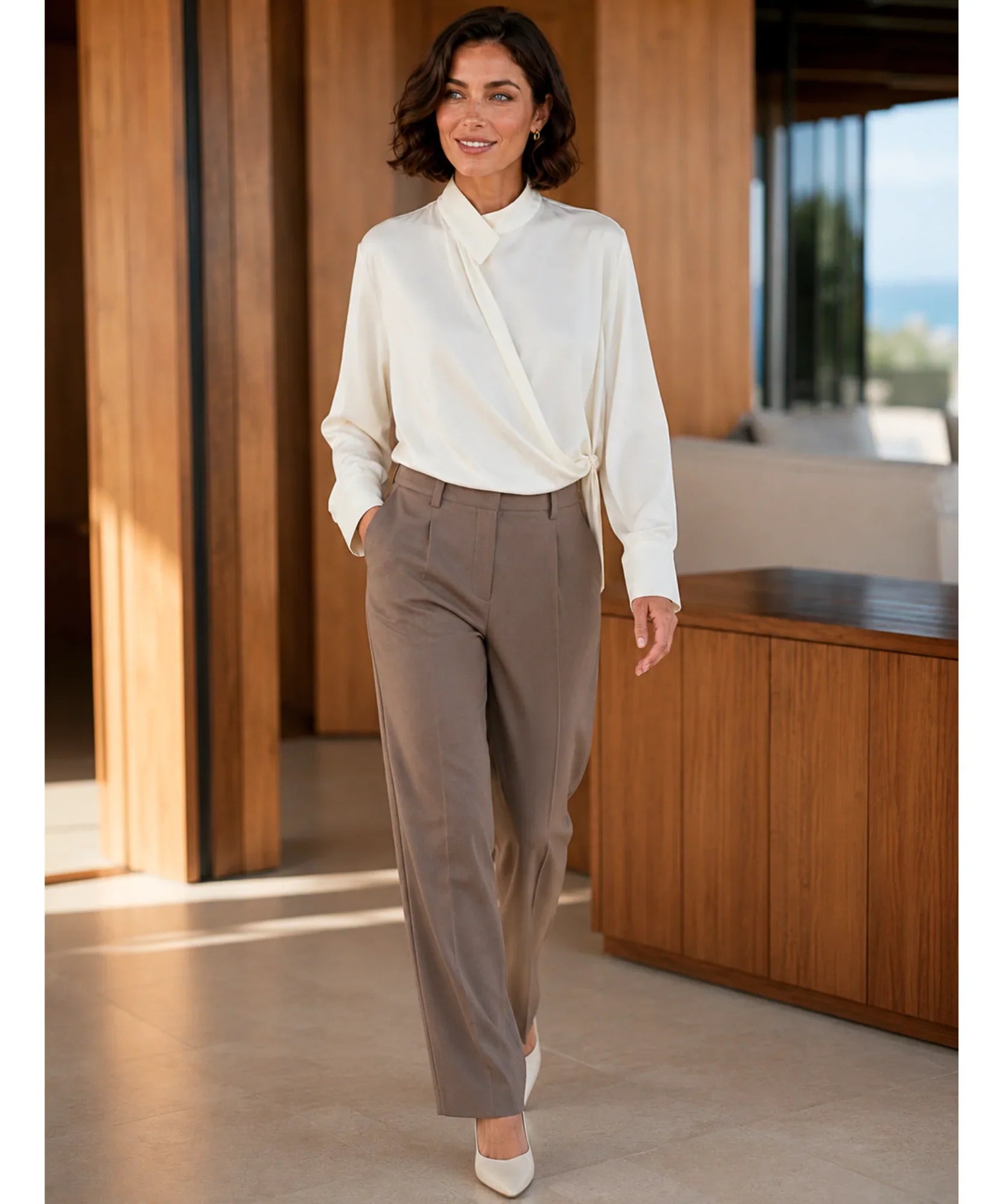 Women's long sleeve round collar wrap blouse, full-length view