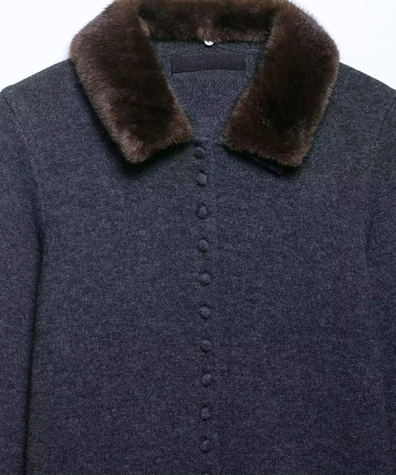 Women's charcoal cardigan removable fur collar detail