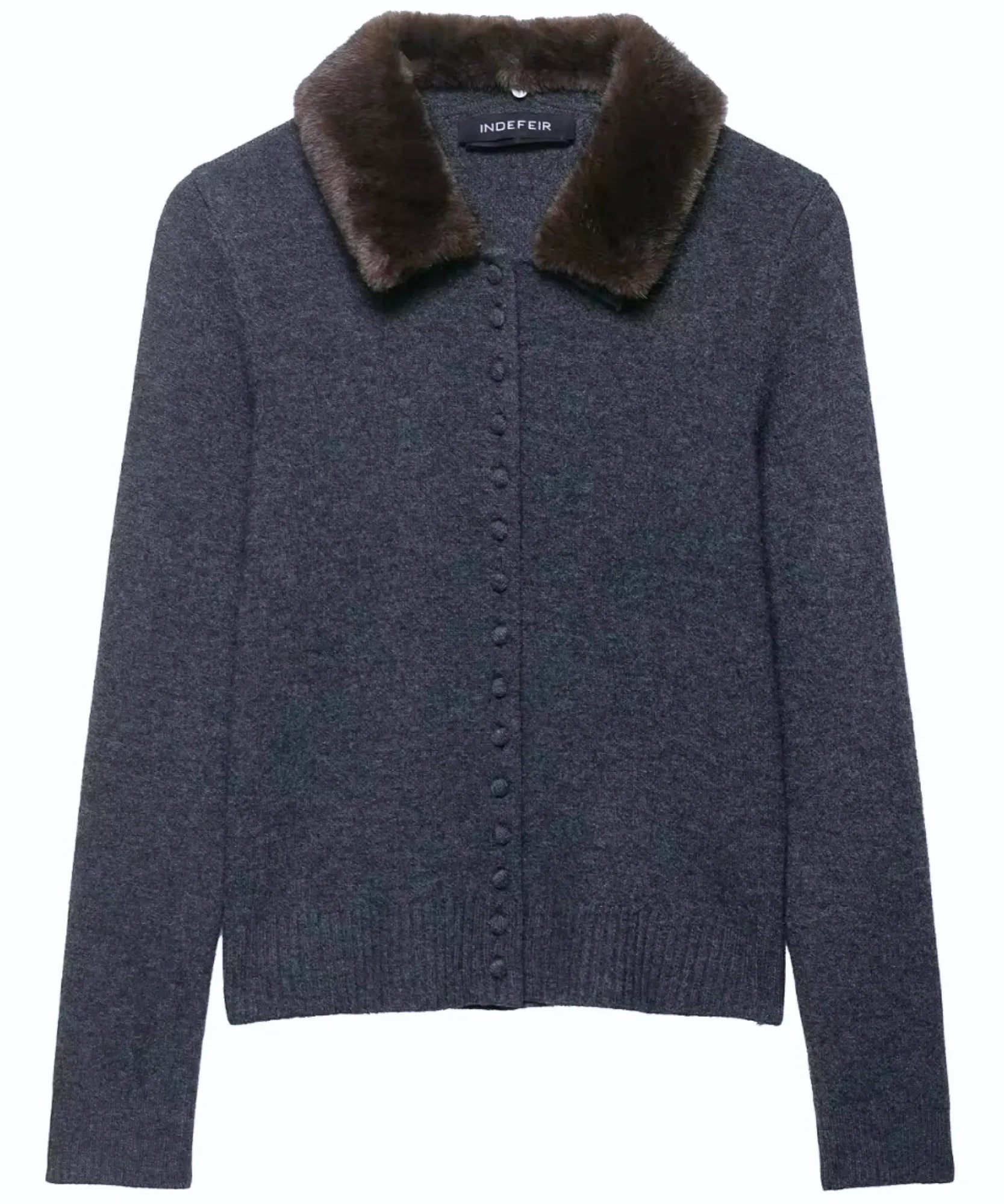 Women's charcoal fur collar cardigan flat lay