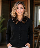 Women's black cardigan with removable leopard print fur collar, front view