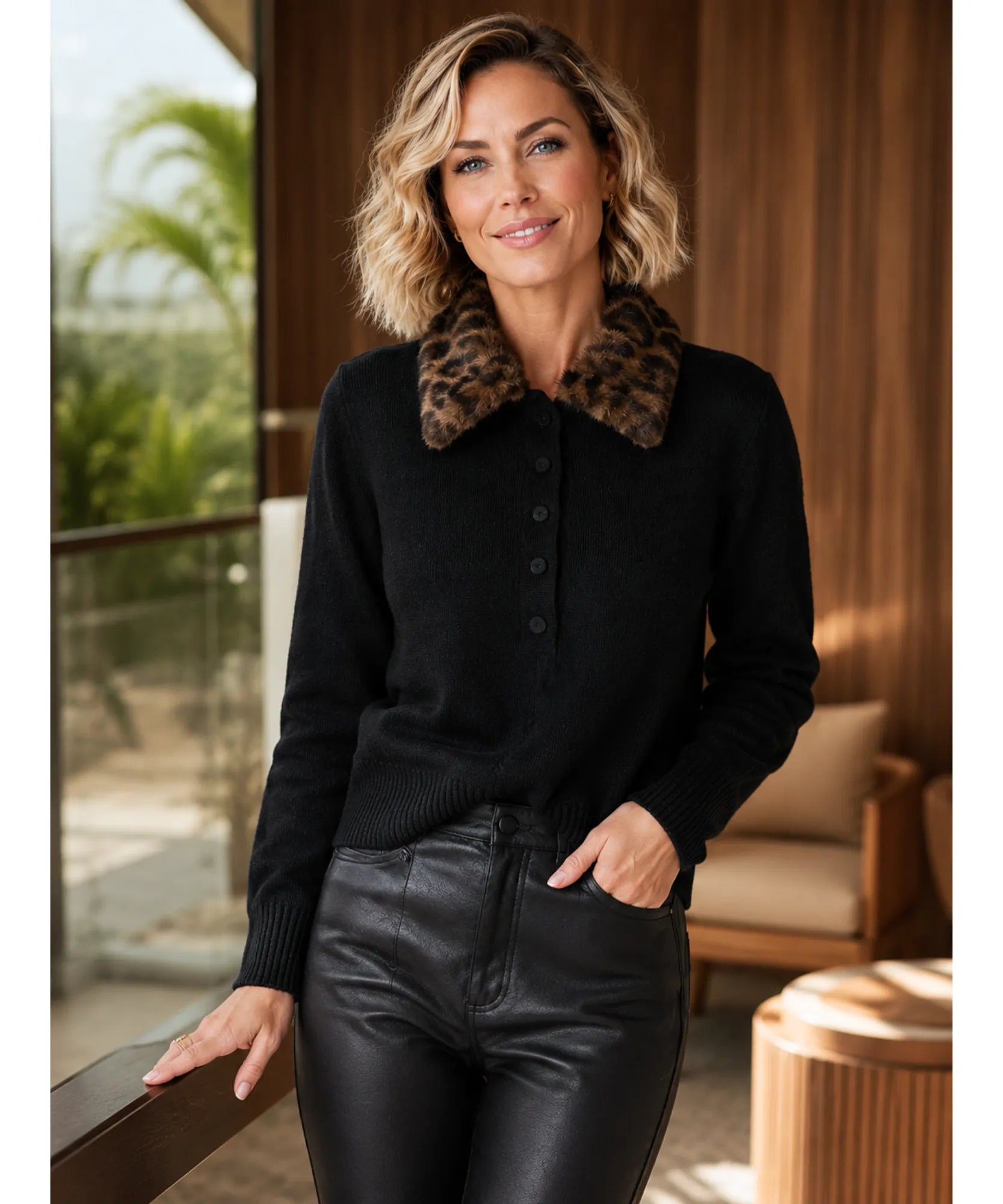Women's black slim cardigan with fur collar styled with leather pants