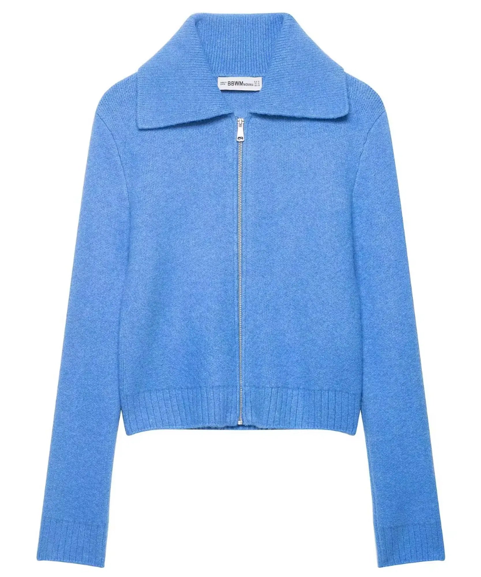 Women's cornflower blue collared zip cardigan flat lay