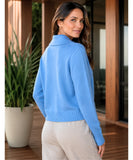 Women's cornflower blue collared cardigan with ribbed hem, back view