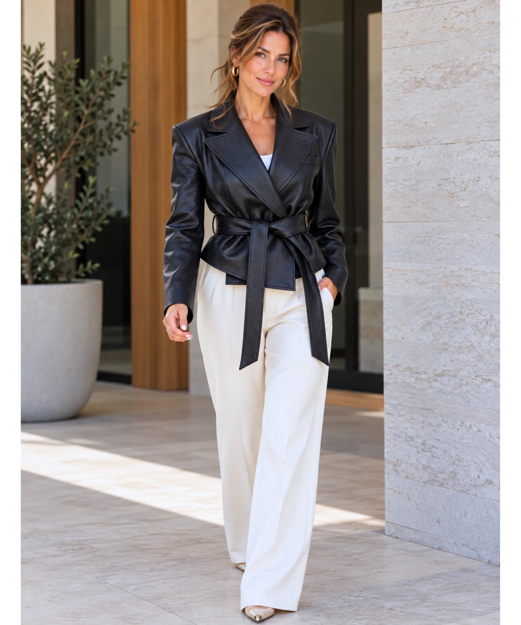 Women's cropped belted vegan leather blazer in black, full outfit with wide-leg trousers