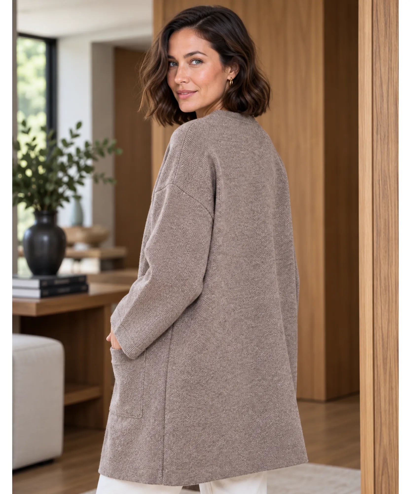 Women's short coat with scarf in taupe, back view
