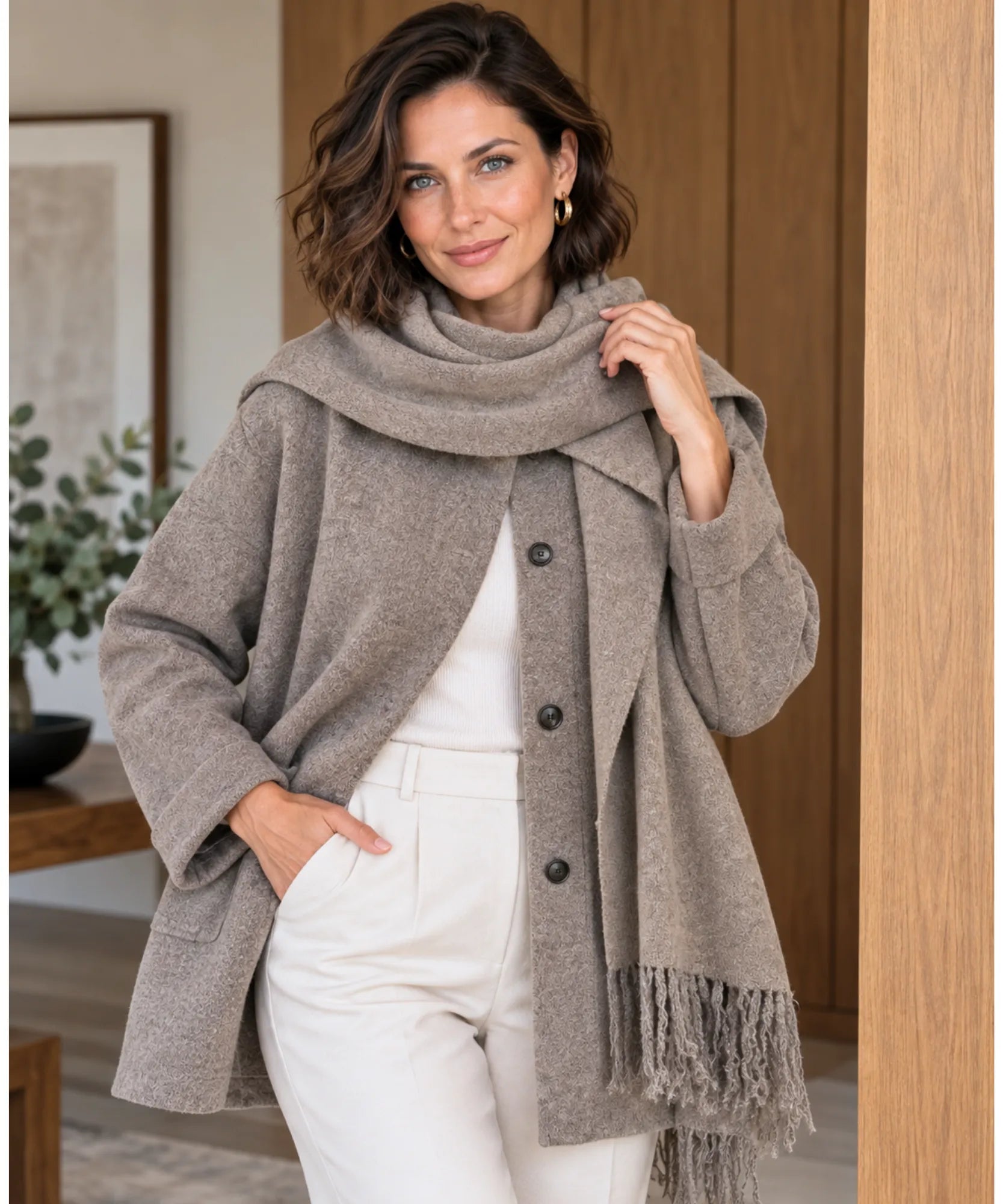 Women's short coat with fringe scarf included in taupe