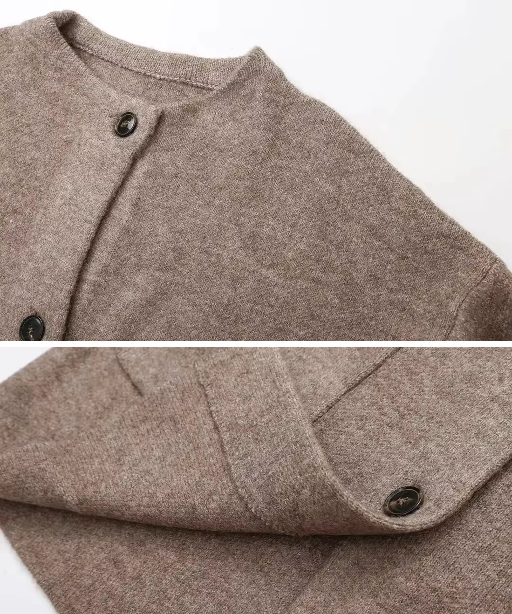 Women's short coat with front buttons and patch pockets in taupe