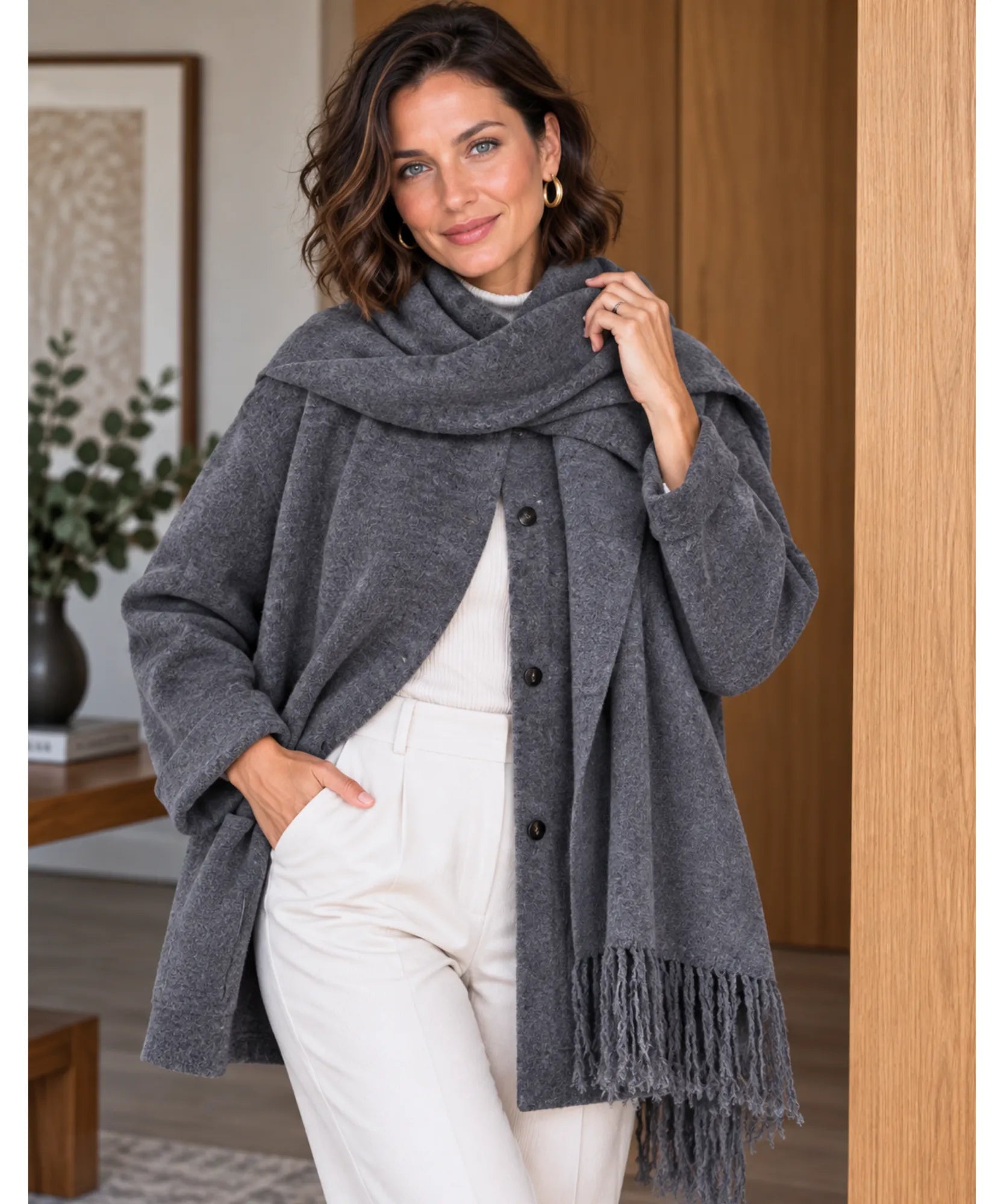Women's relaxed fit short coat with scarf in grey