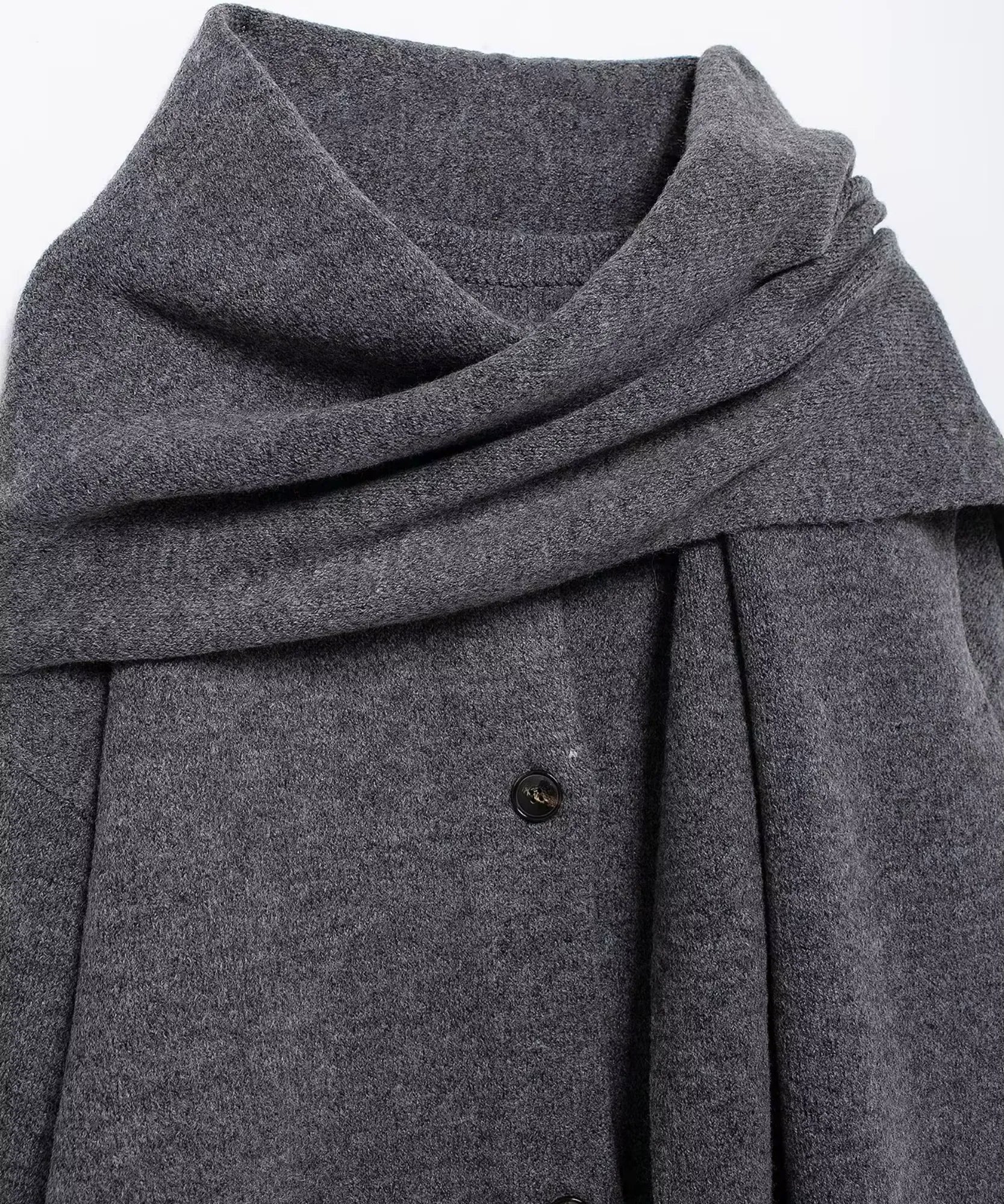Women's short coat with fringe scarf detail in grey