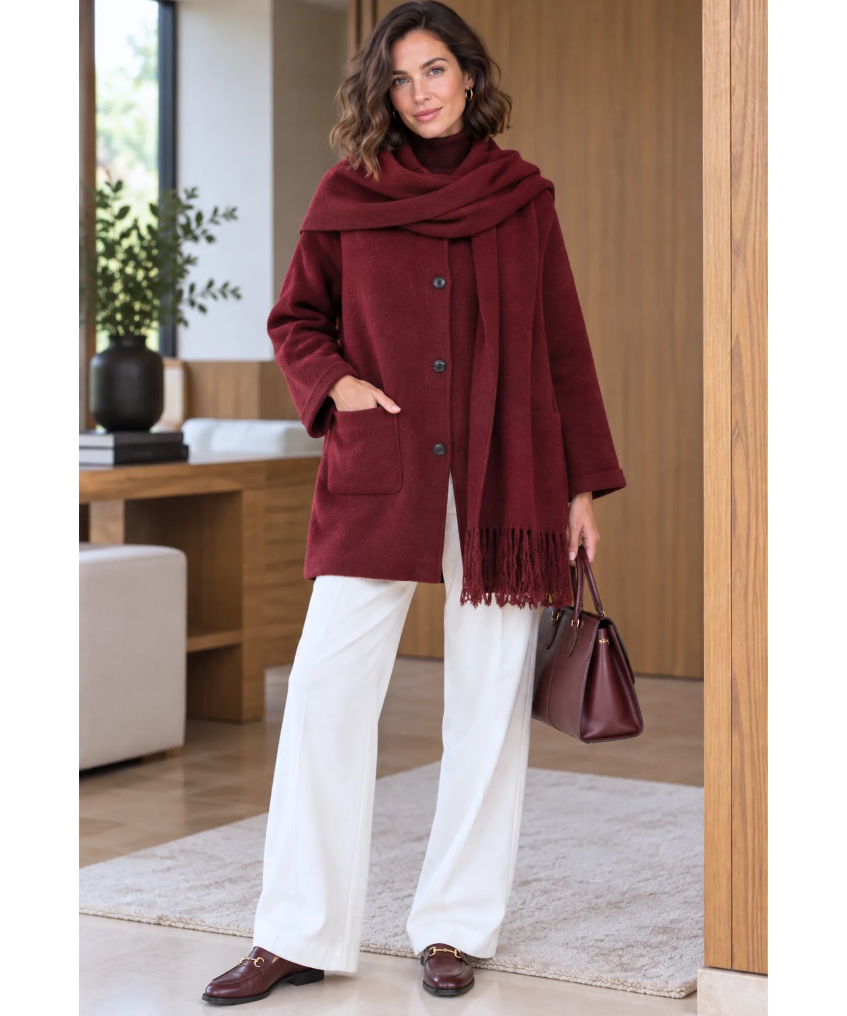 Women's short coat with scarf included in burgundy