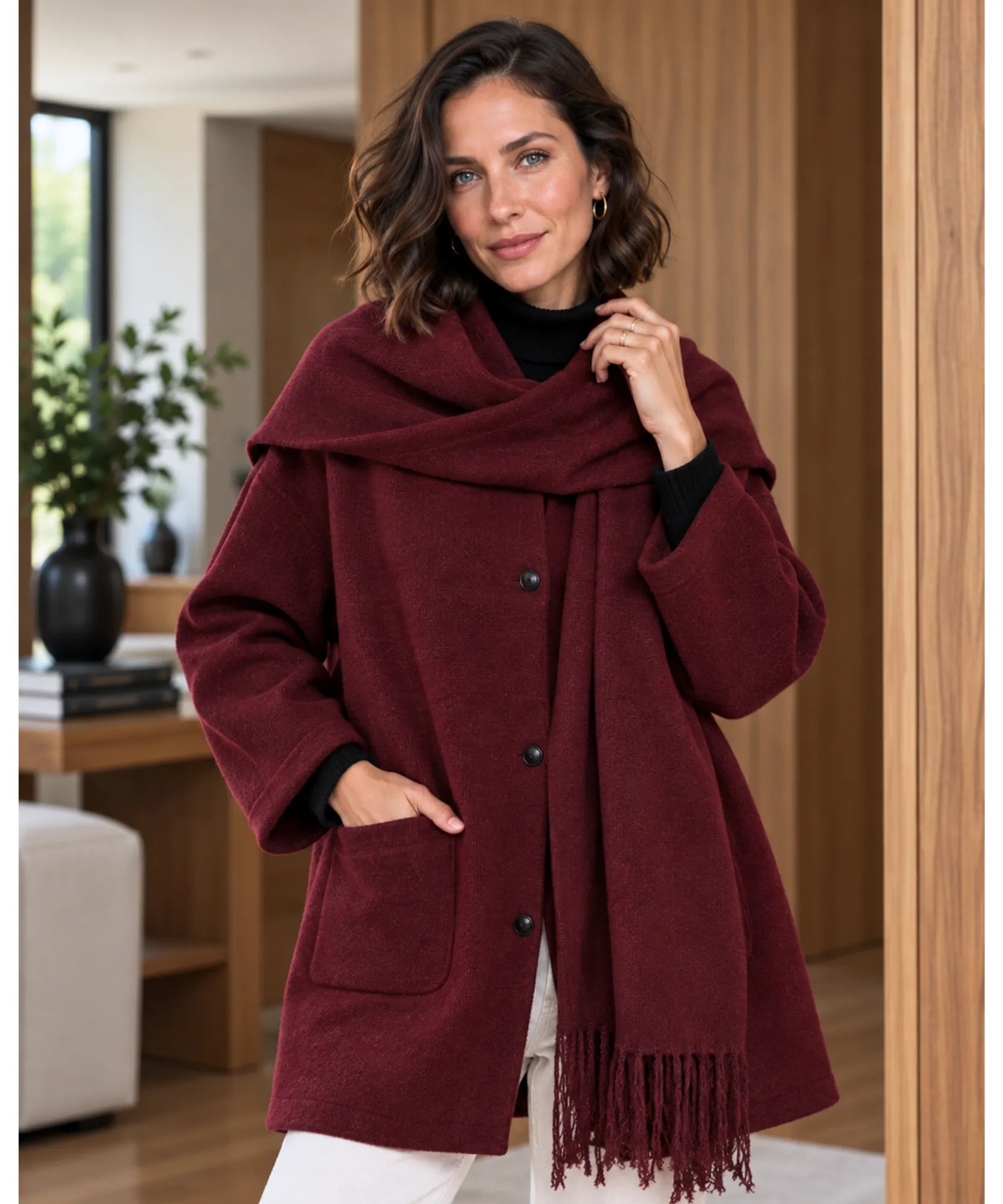 Women's thick fabric short coat with scarf in burgundy