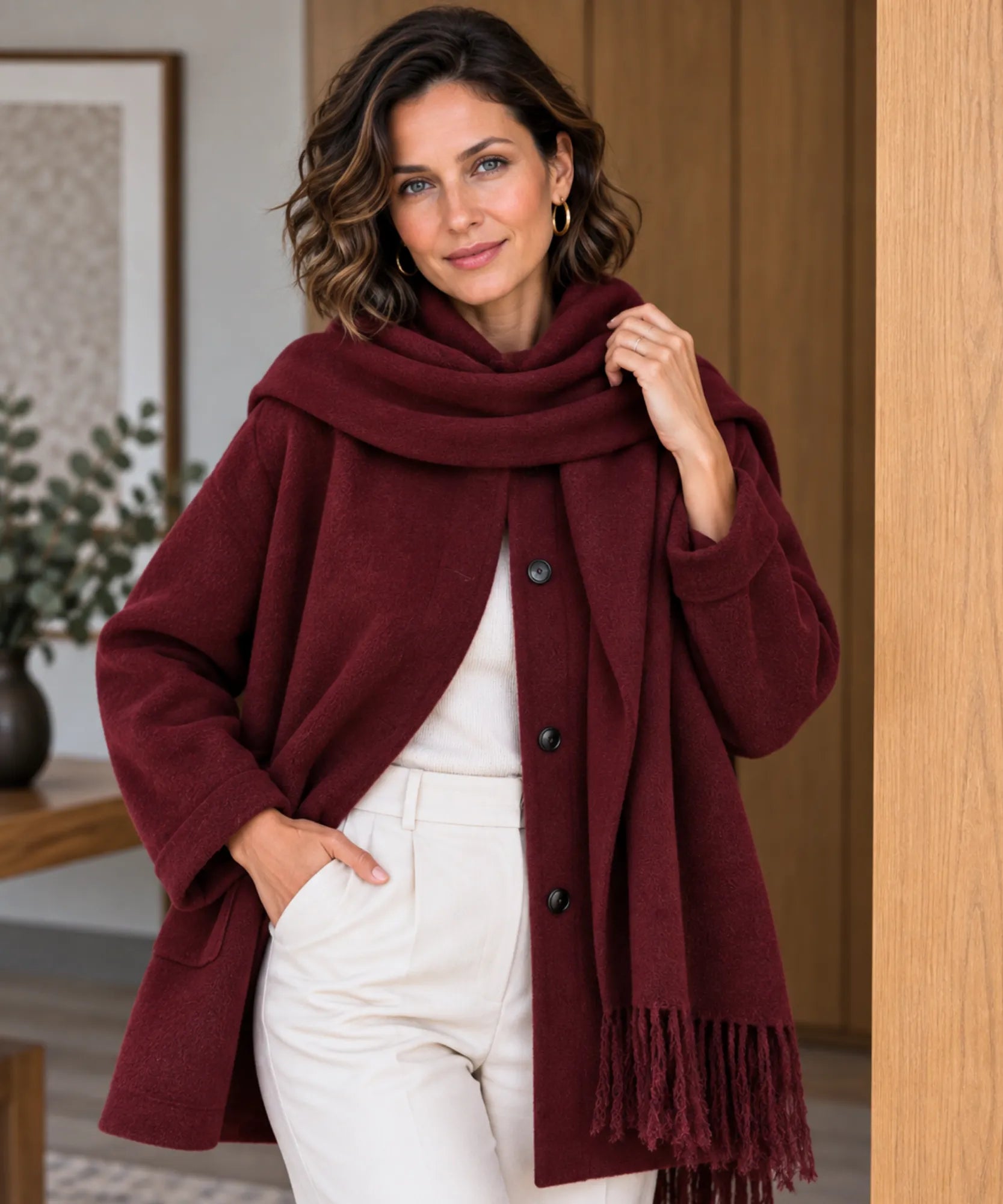 Women's relaxed fit short coat with scarf in burgundy