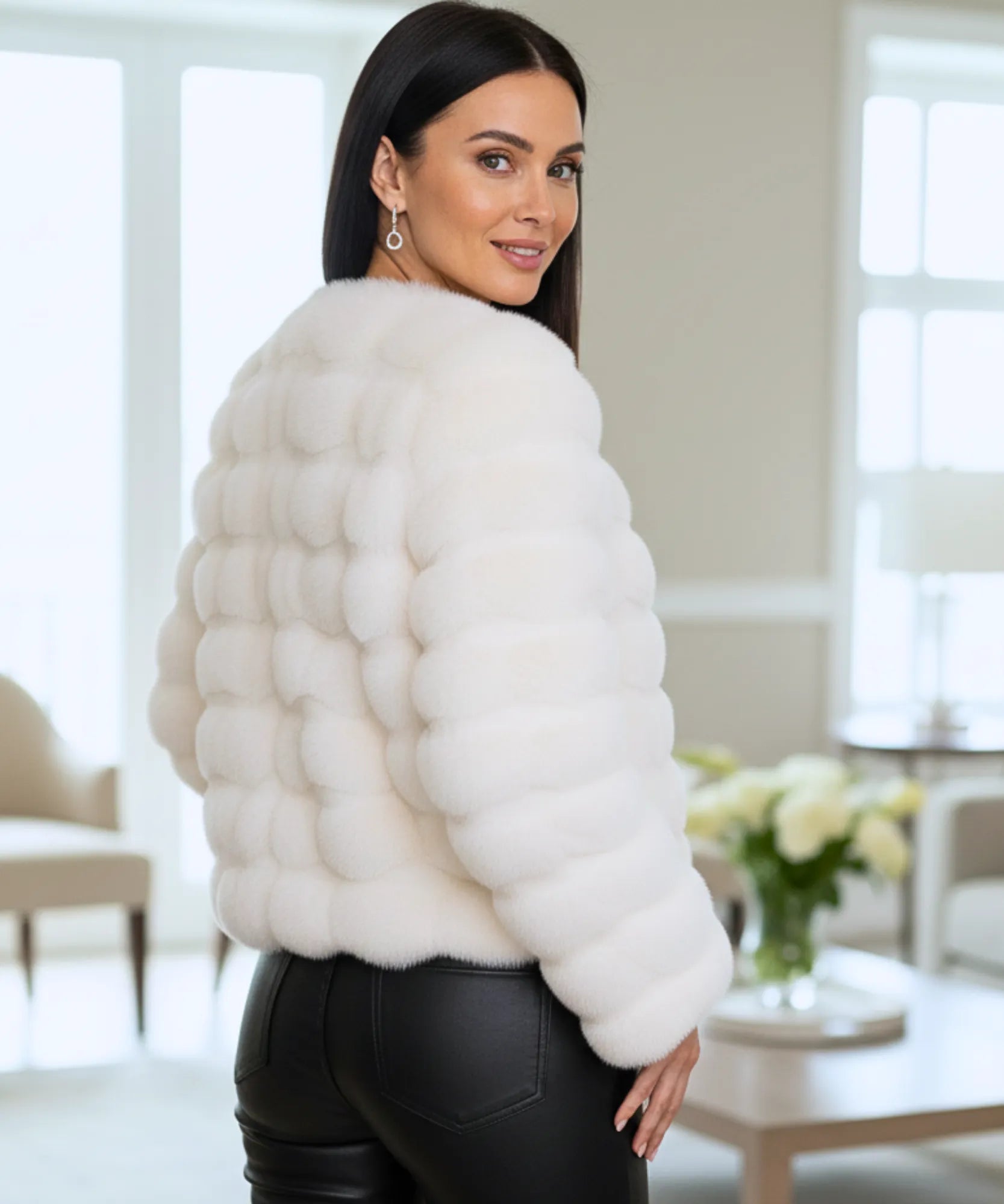 Women's cropped vegan fur jacket in ivory, back view
