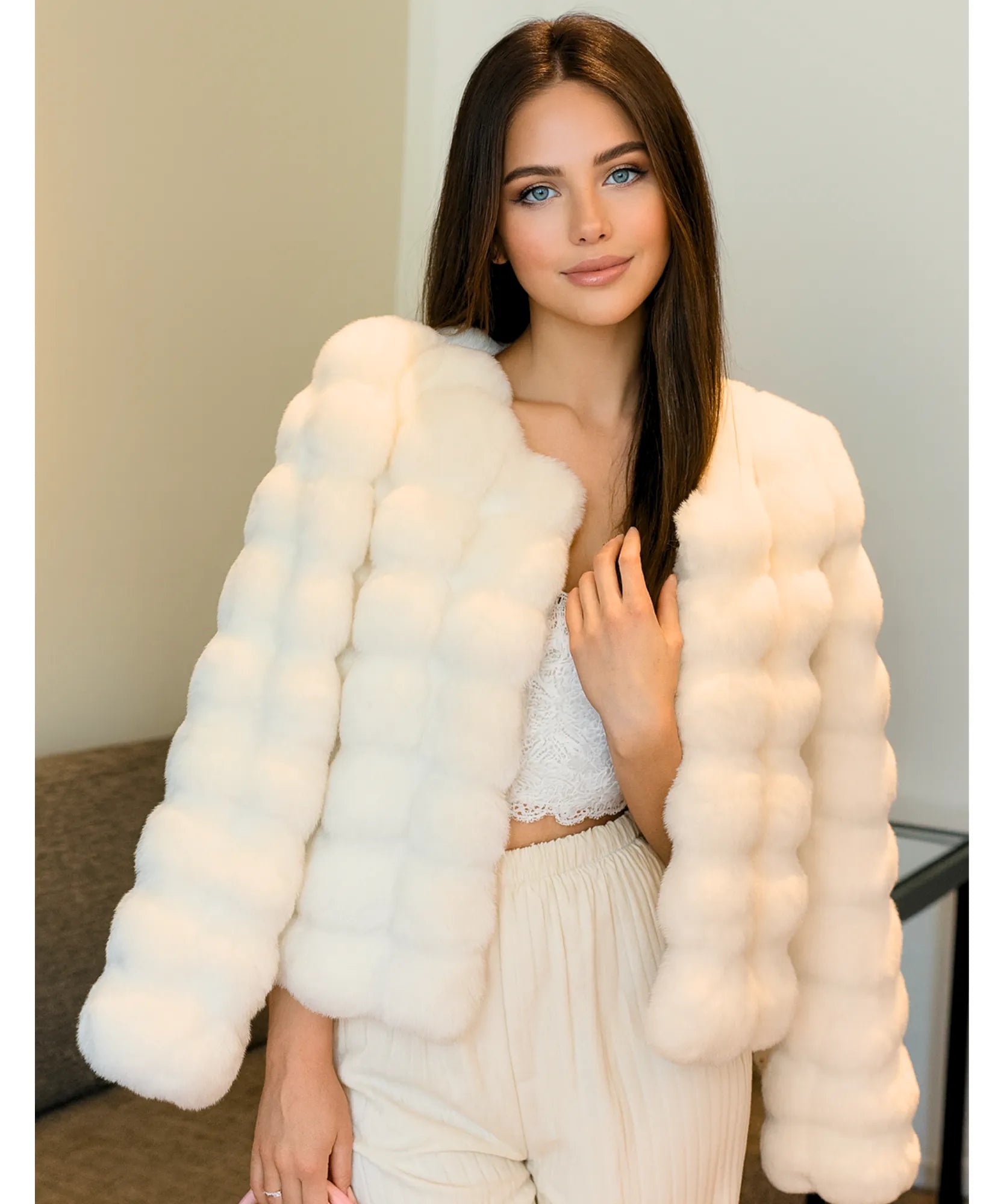 Women's cropped vegan fur jacket in ivory, back view