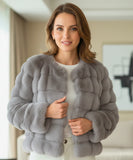 Women's cropped vegan fur jacket in grey, front view