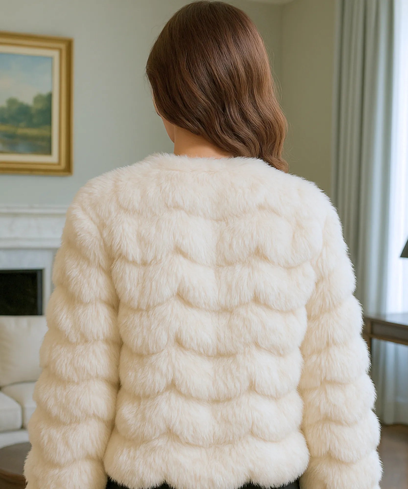 Women's cropped vegan fur jacket in ivory, detail view
