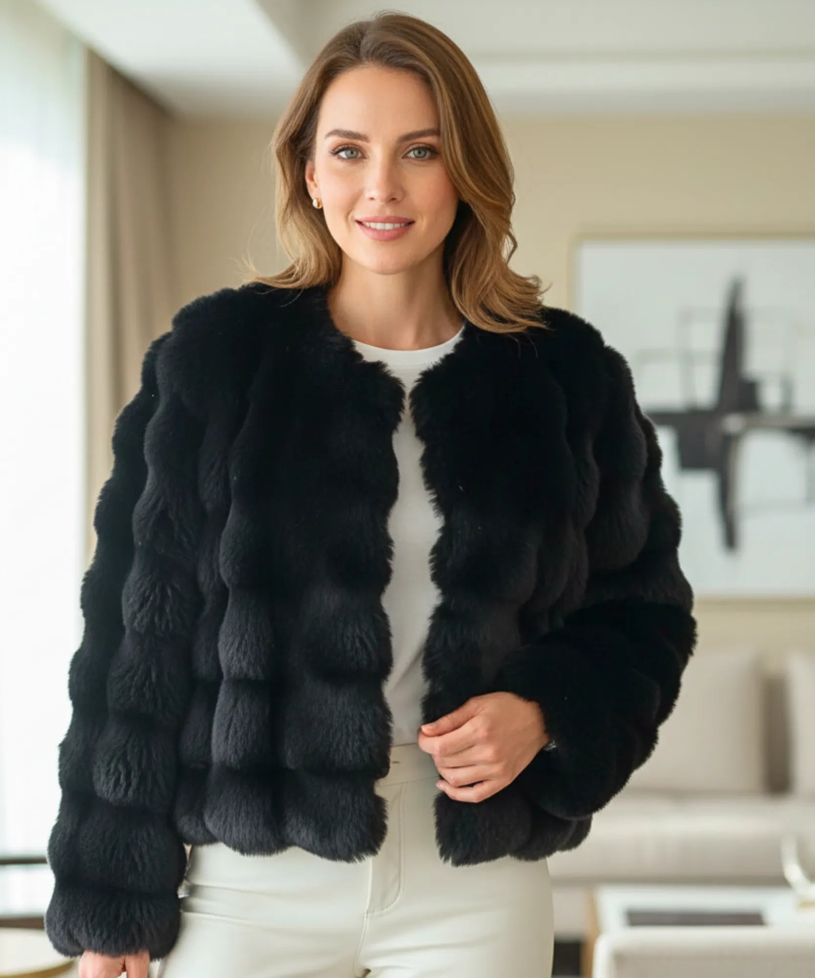 Women's cropped vegan fur jacket in black, front view
