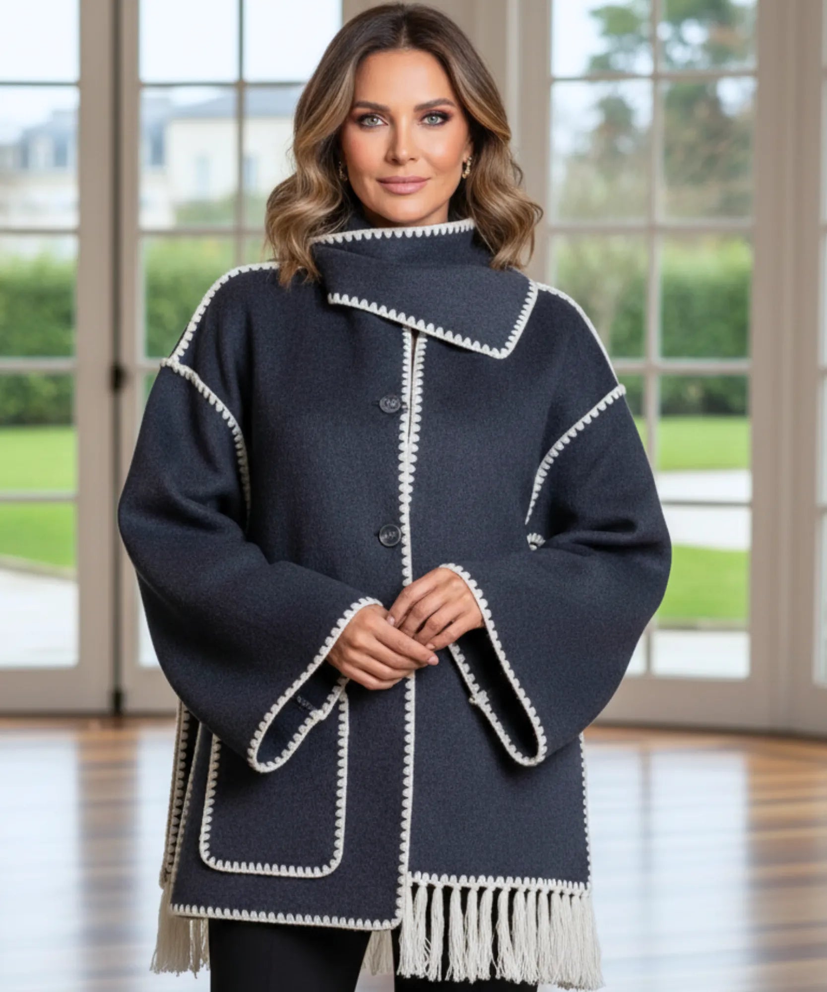 Woman wearing a wool cape coat in charcoal