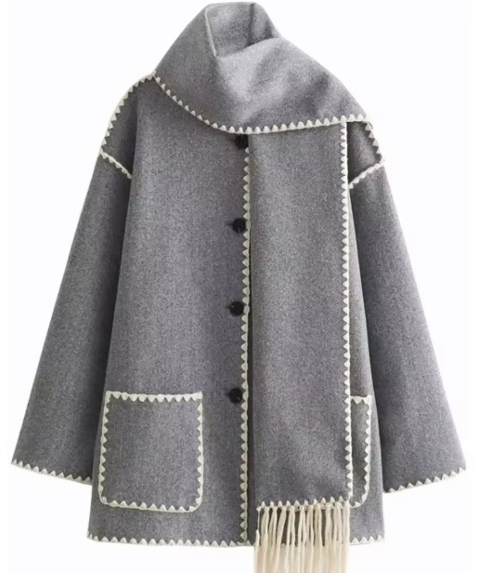 Back view of the wool cape coat in charcoal