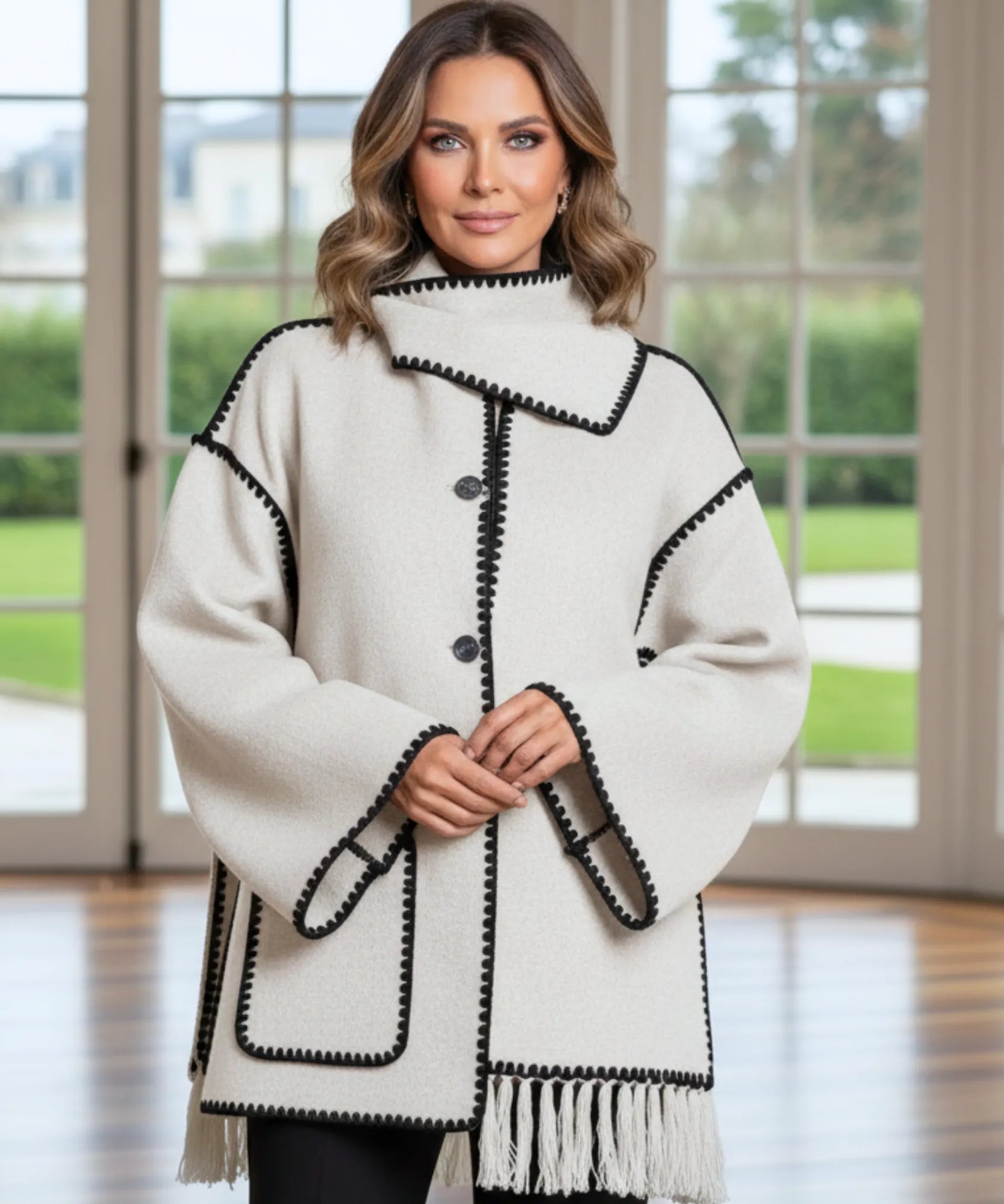Woman wearing a wool cape coat in off white