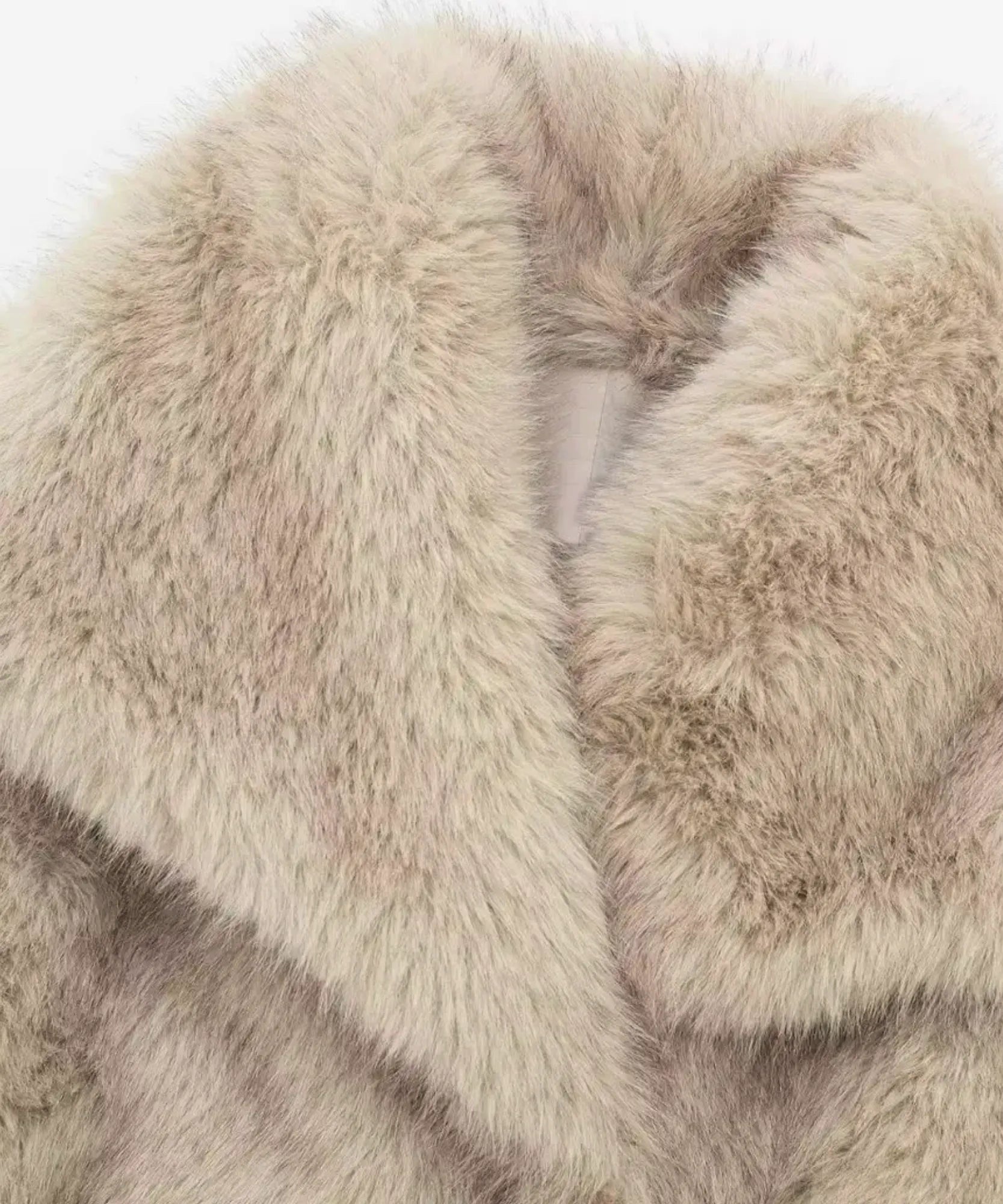 Women's ivory shaggy vegan fur jacket, side view