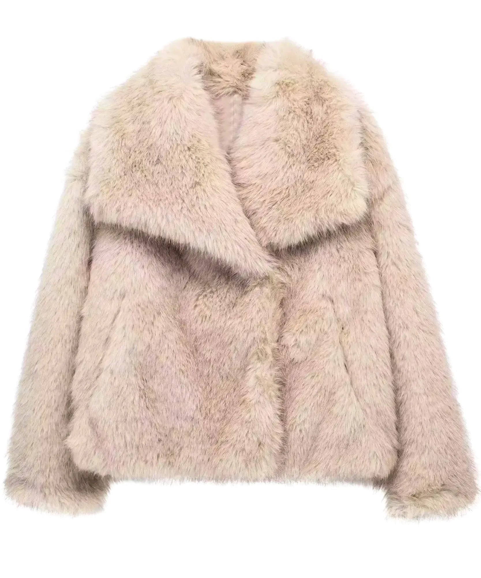Women's ivory shaggy vegan fur jacket, back view