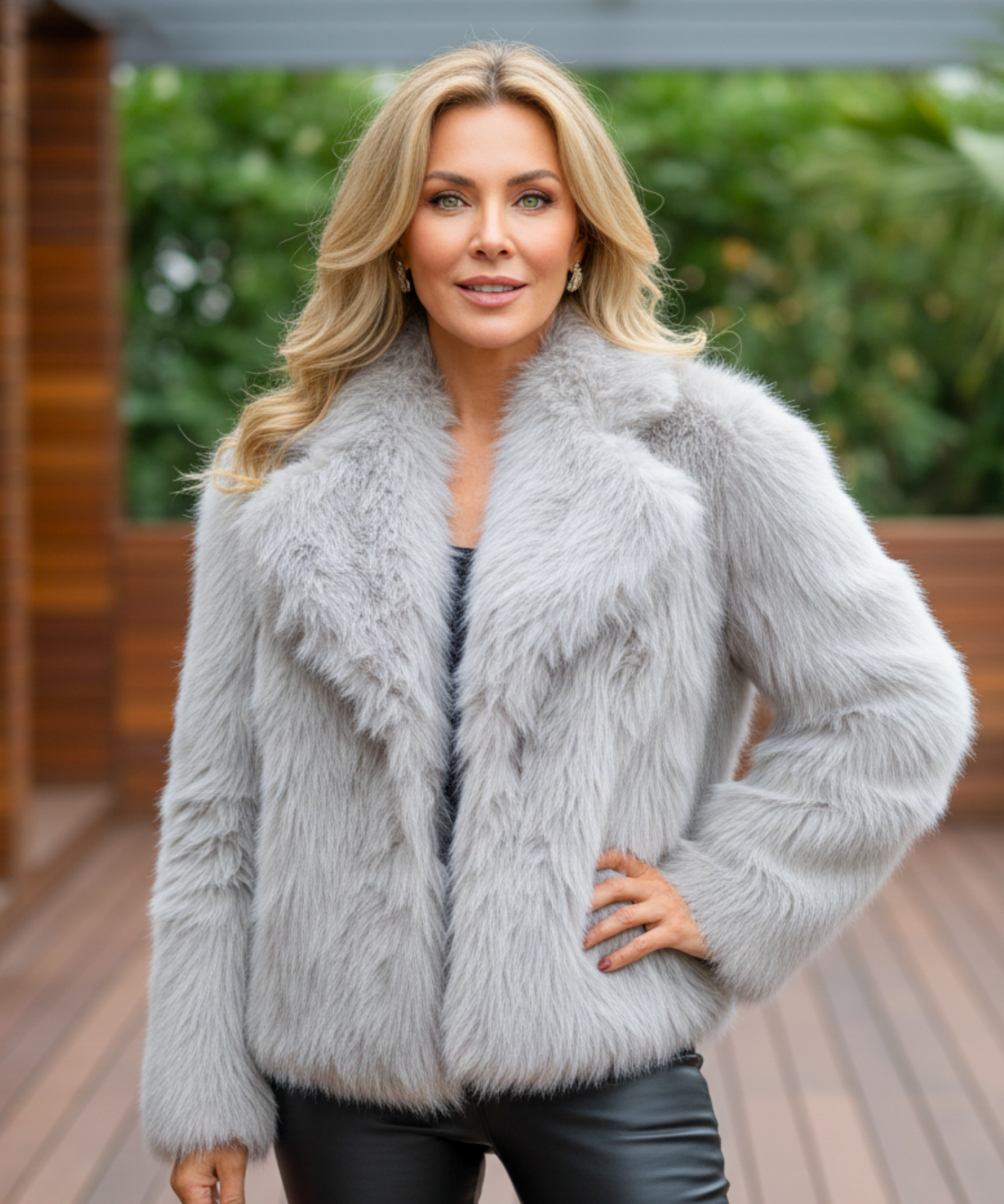 Women's grey shaggy vegan fur jacket, side view