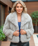 Women's grey shaggy vegan fur jacket, styled look