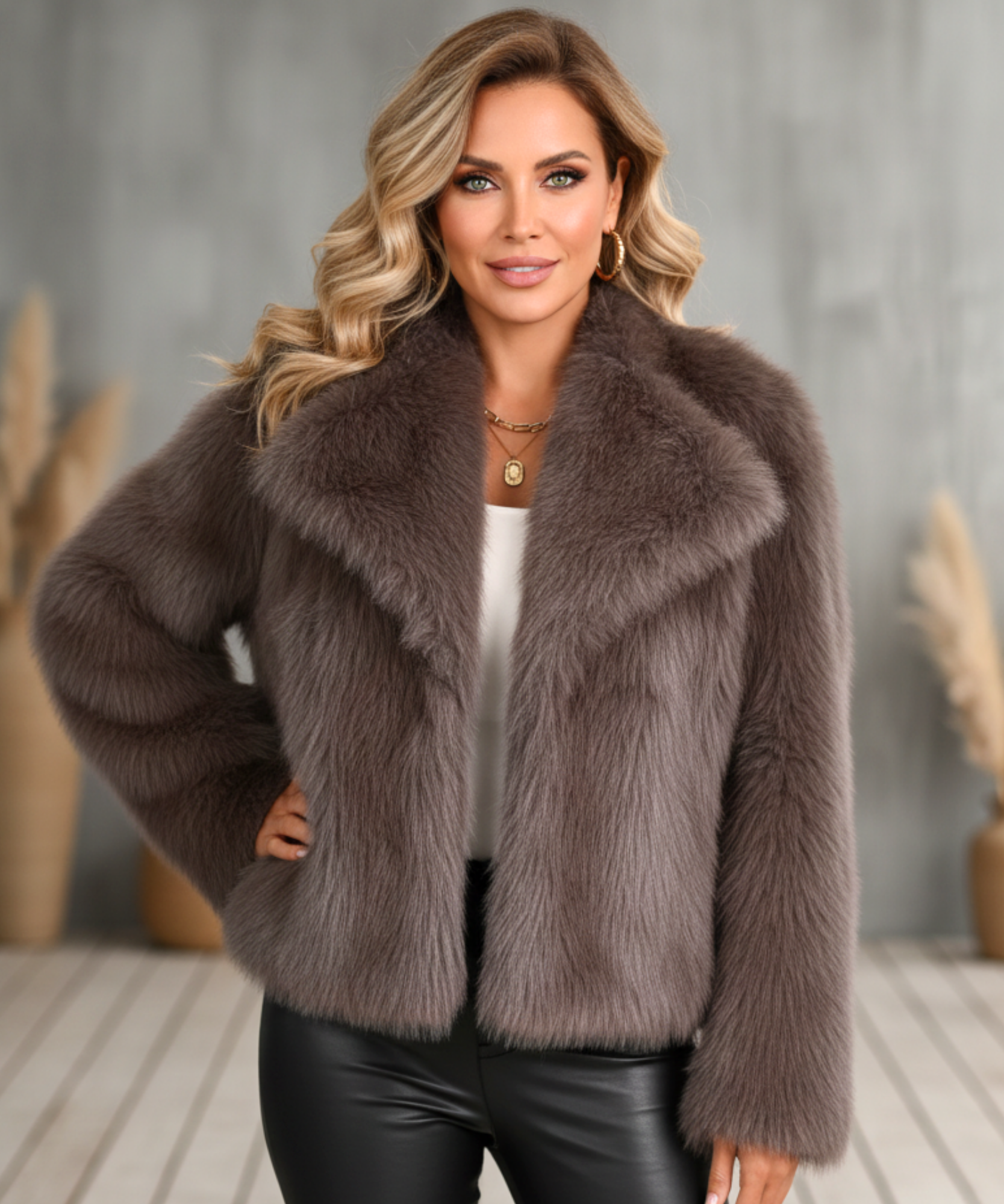 Women's taupe shaggy vegan fur jacket, front view