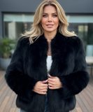 Women's black shaggy vegan fur jacket, front view