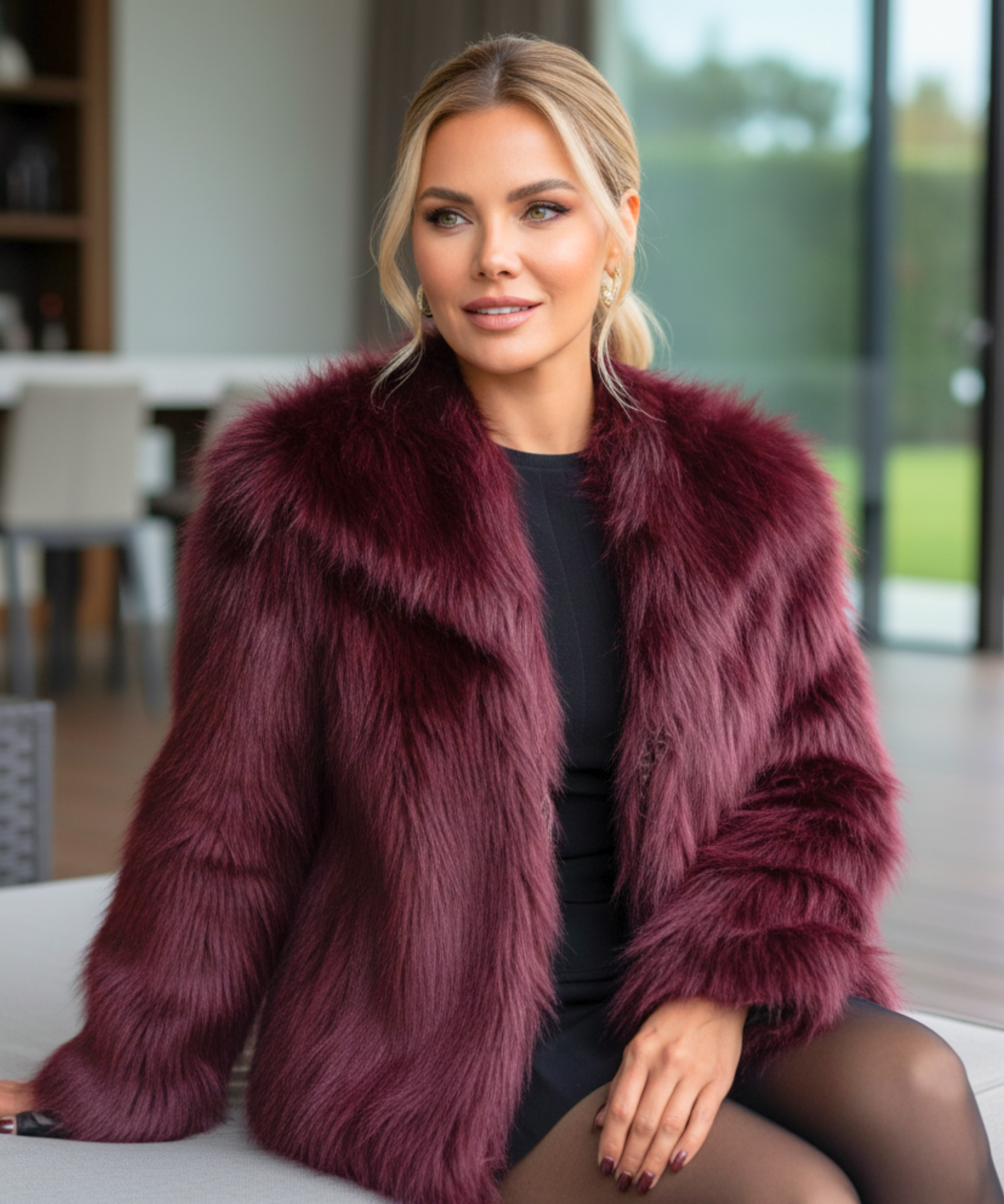 Women's burgundy shaggy vegan fur jacket, front view