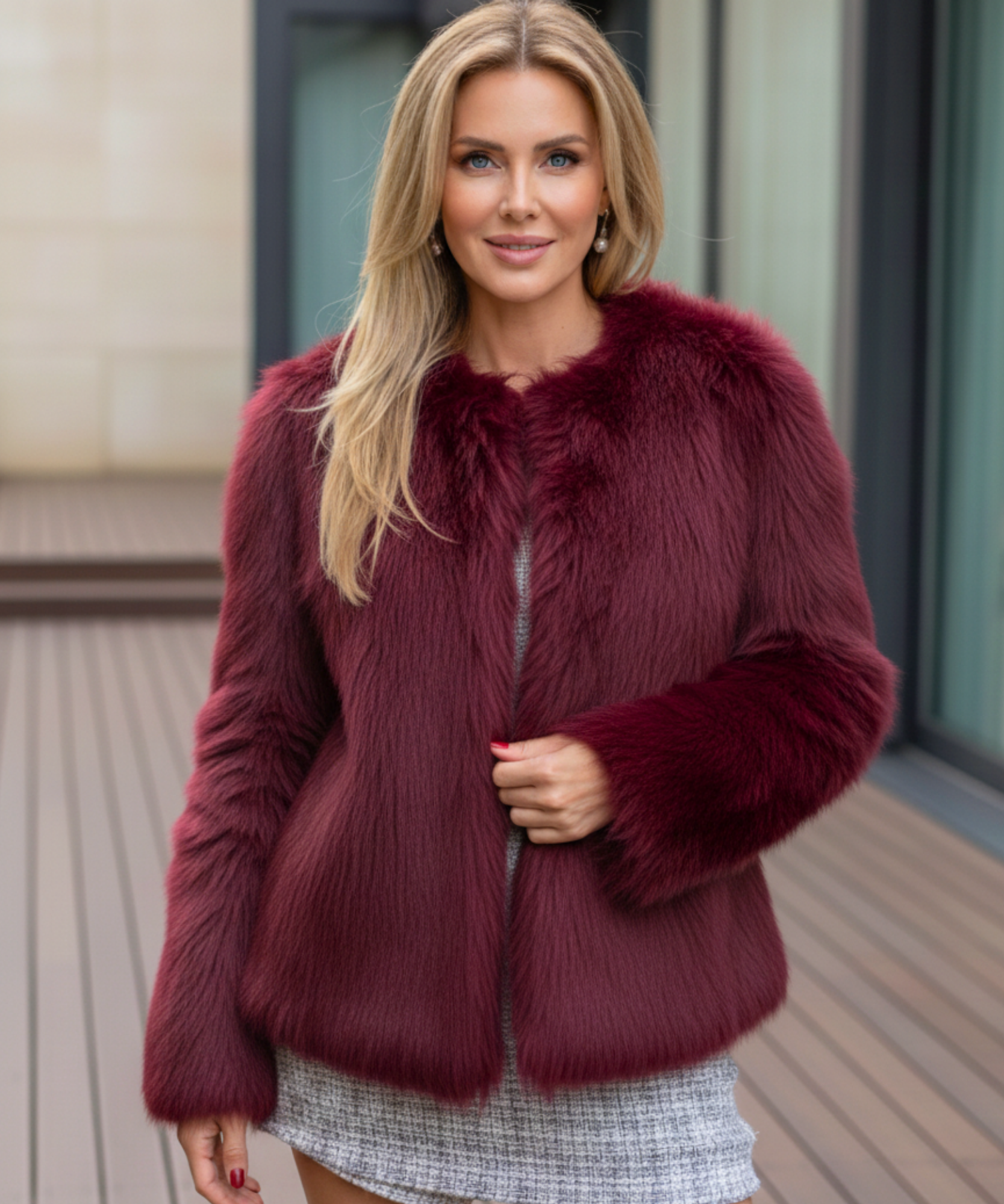 Women's burgundy shaggy vegan fur jacket, styled look