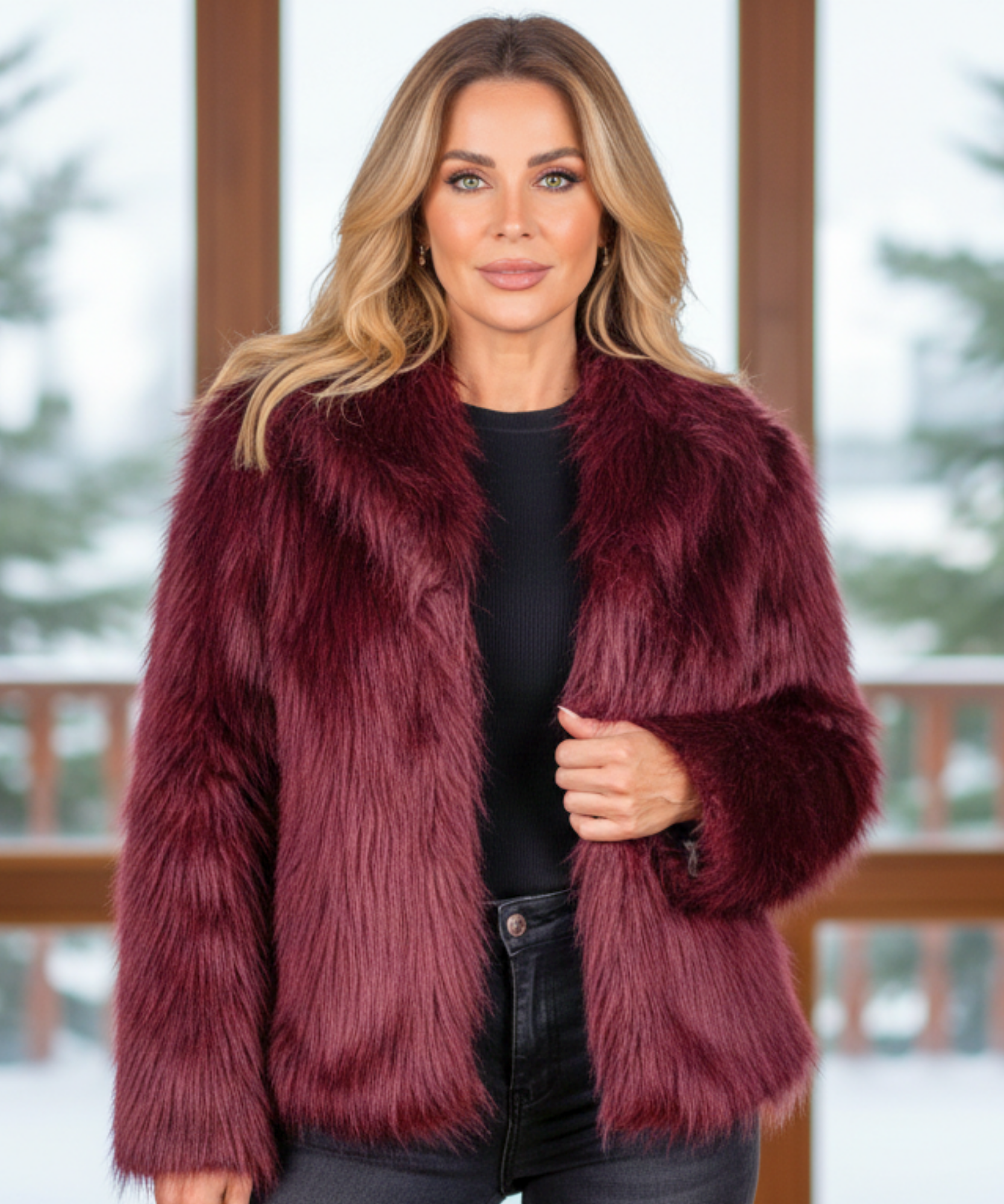 Women's burgundy shaggy vegan fur jacket, detail view