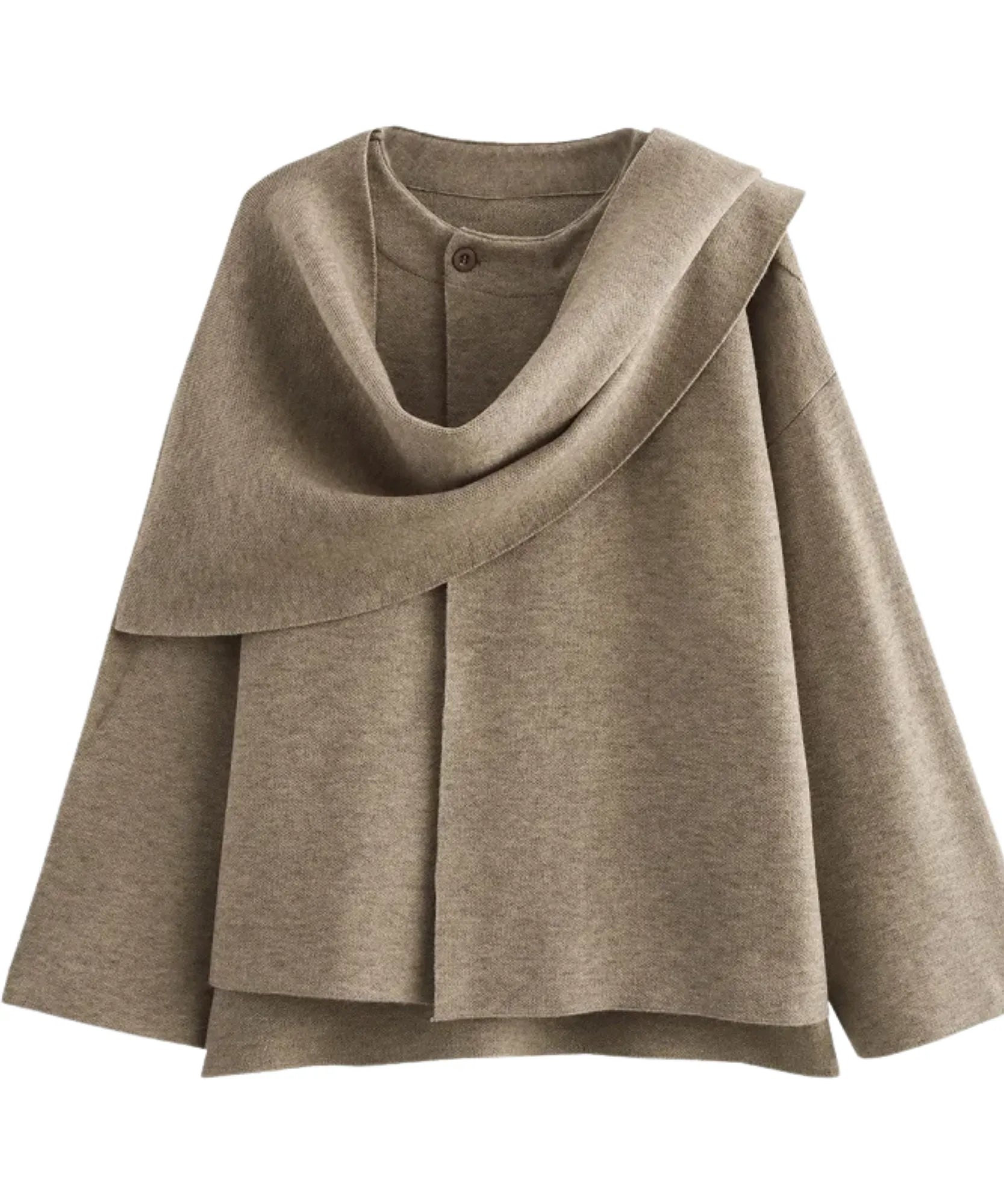 Woman styling the taupe wool wrap coat outdoors