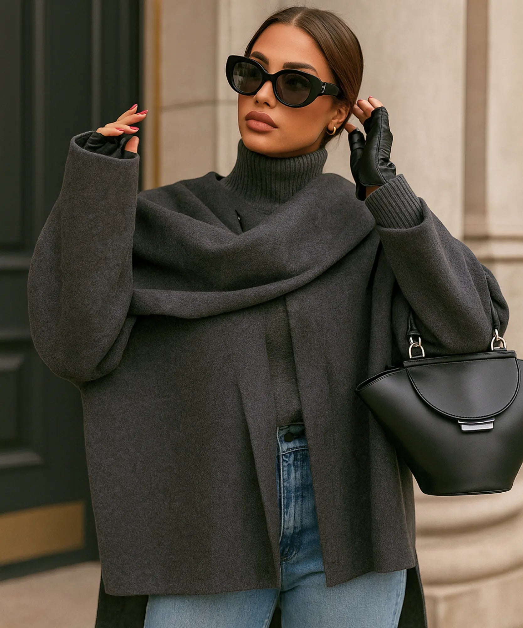 Front view of the oversized wool wrap coat in charcoal