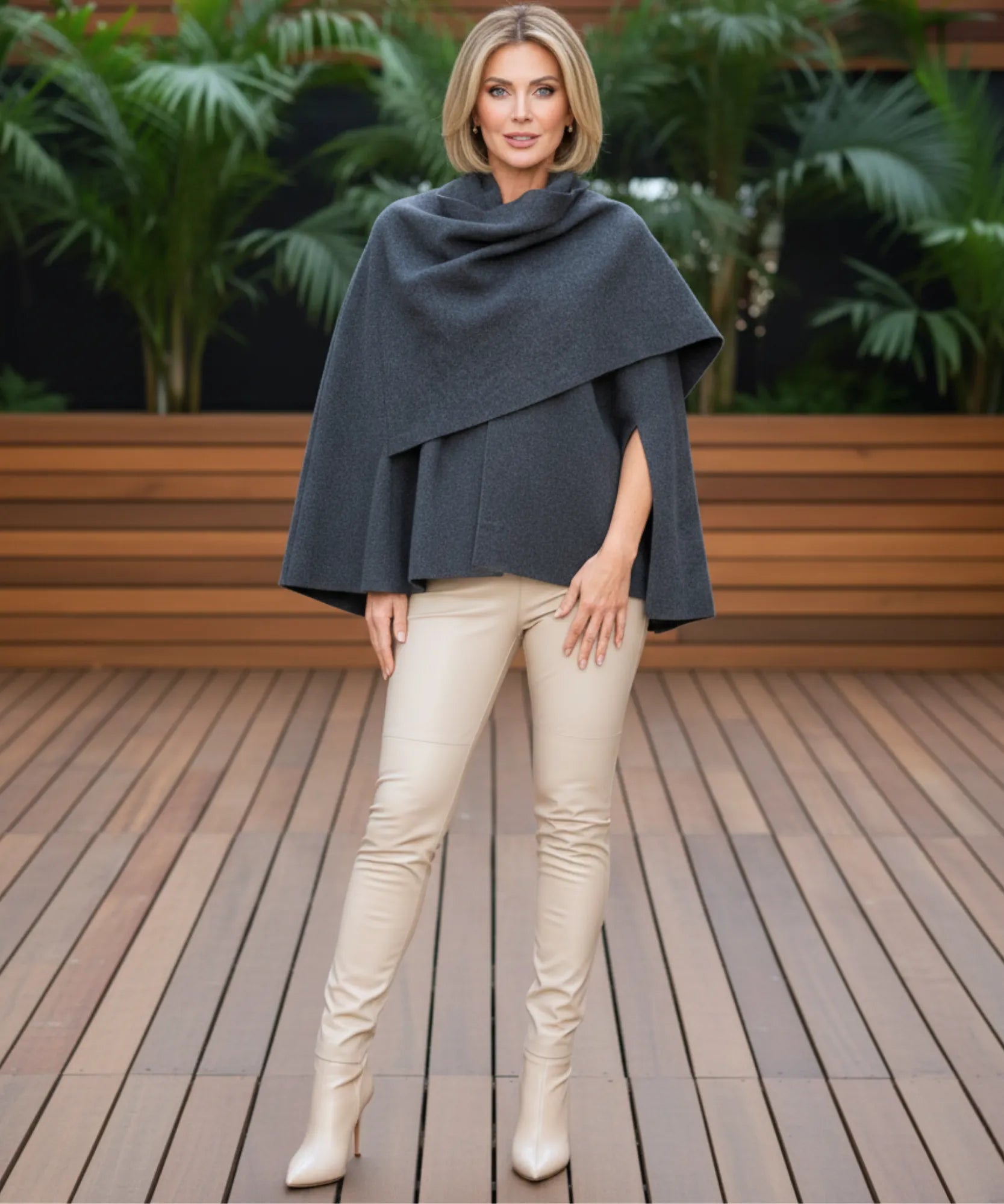 Woman wearing an oversized wool wrap coat in charcoal