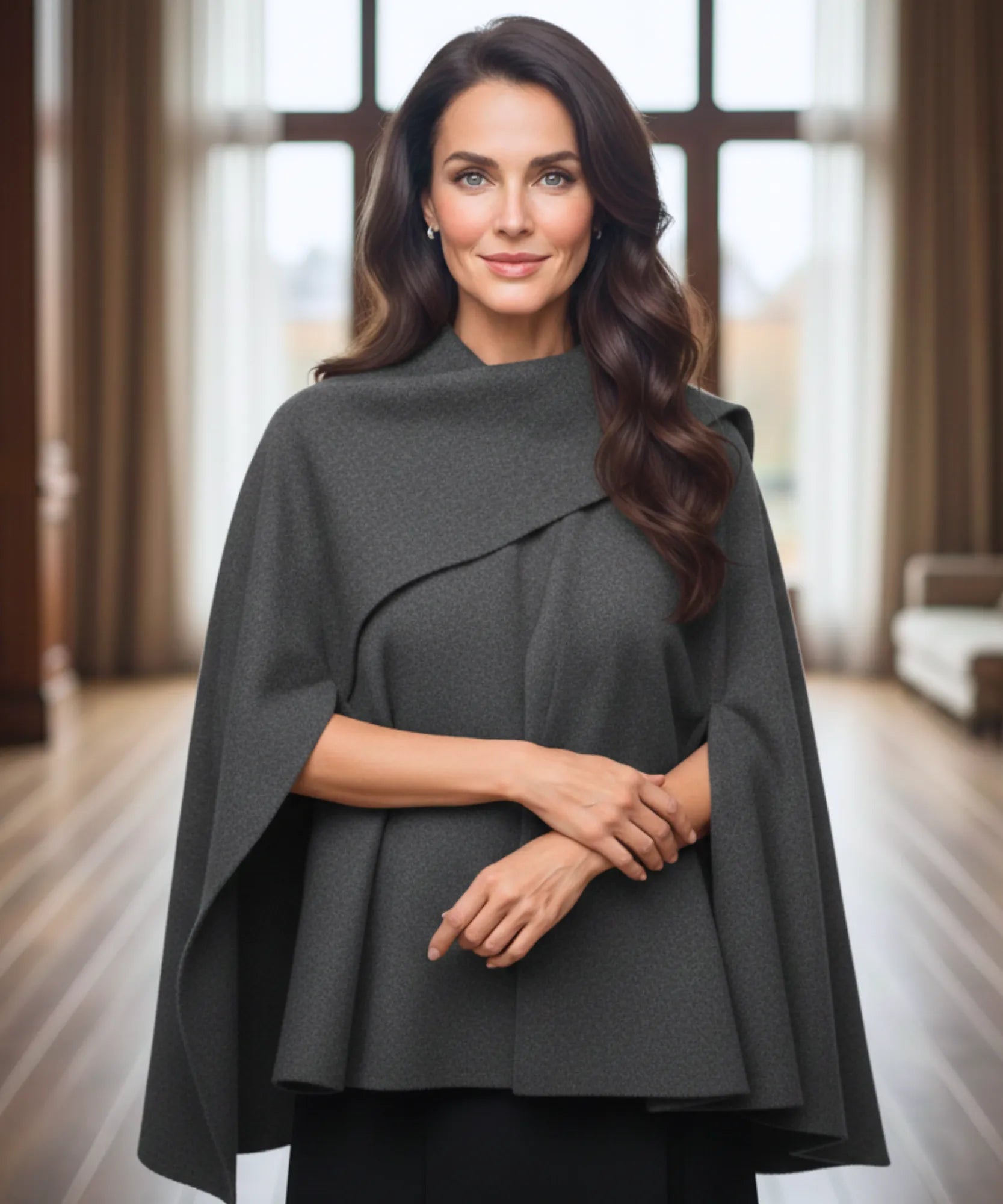 Woman styling the charcoal wool wrap coat outdoors