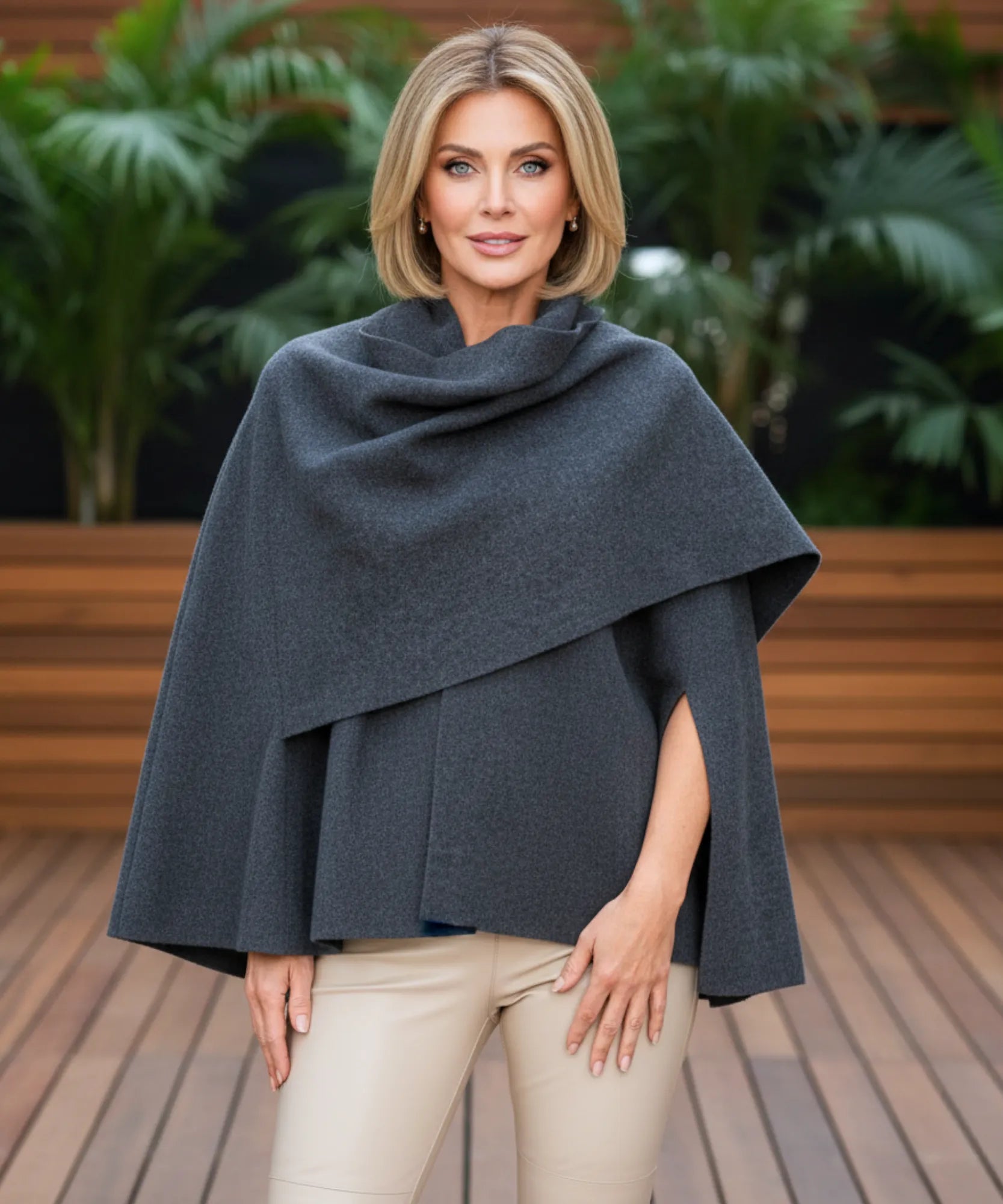 Detail of the wool texture on the charcoal wrap coat