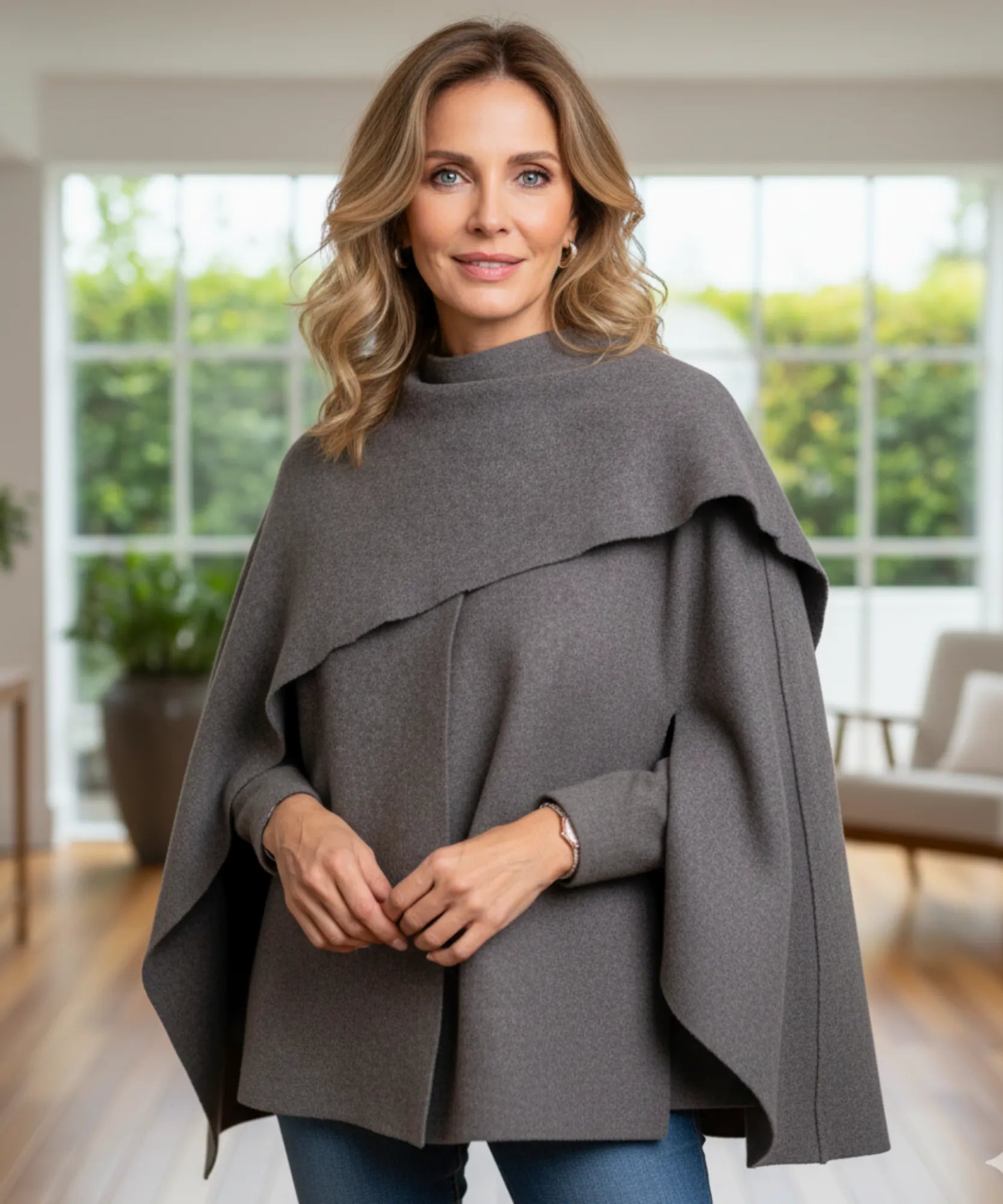 Back view of the oversized wool wrap coat in charcoal