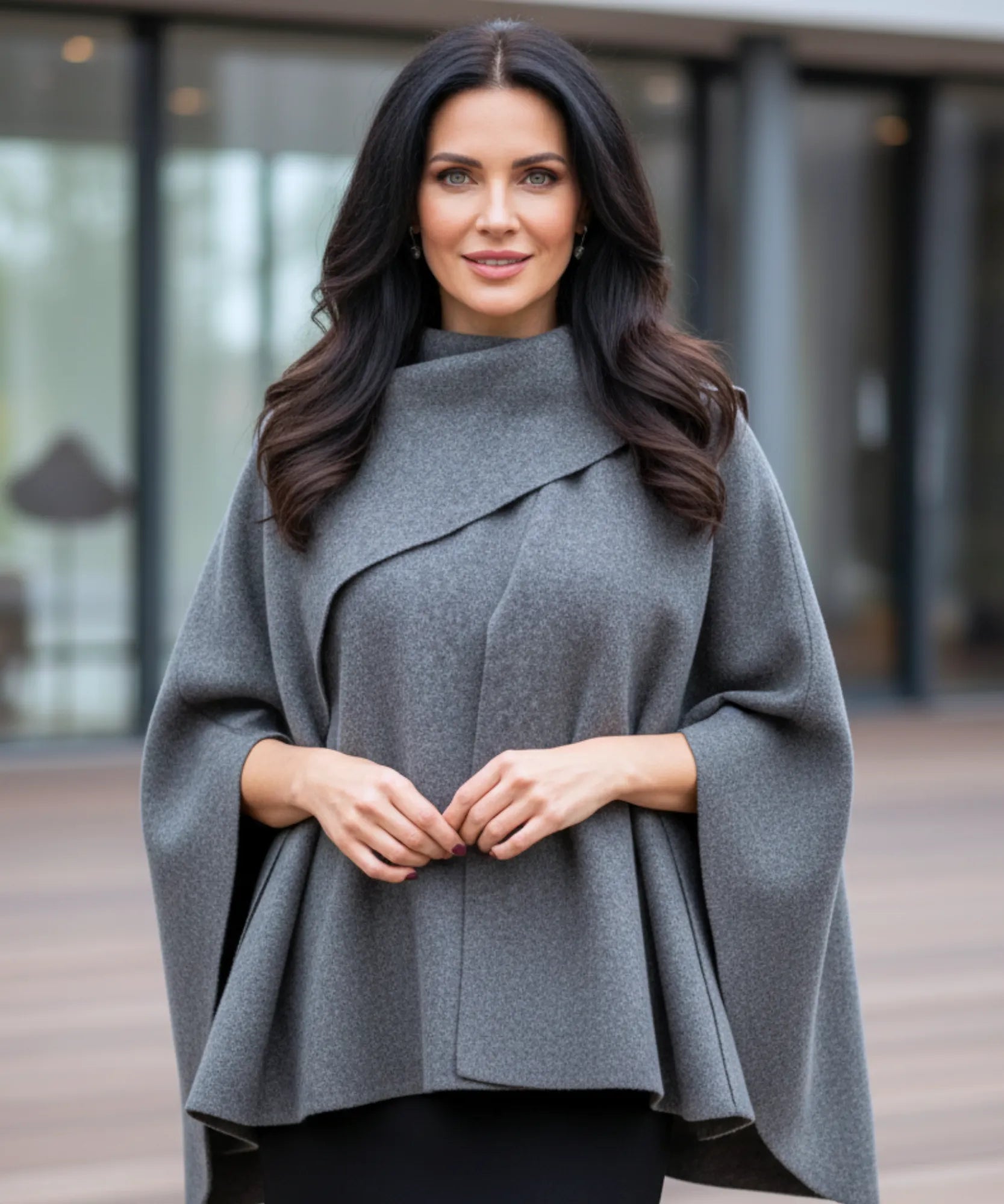 Front view of the oversized wool wrap coat in charcoal