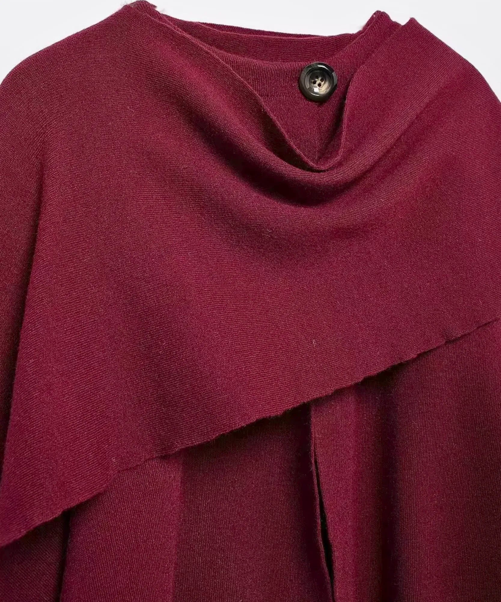 Back view of the oversized wool wrap coat in burgundy