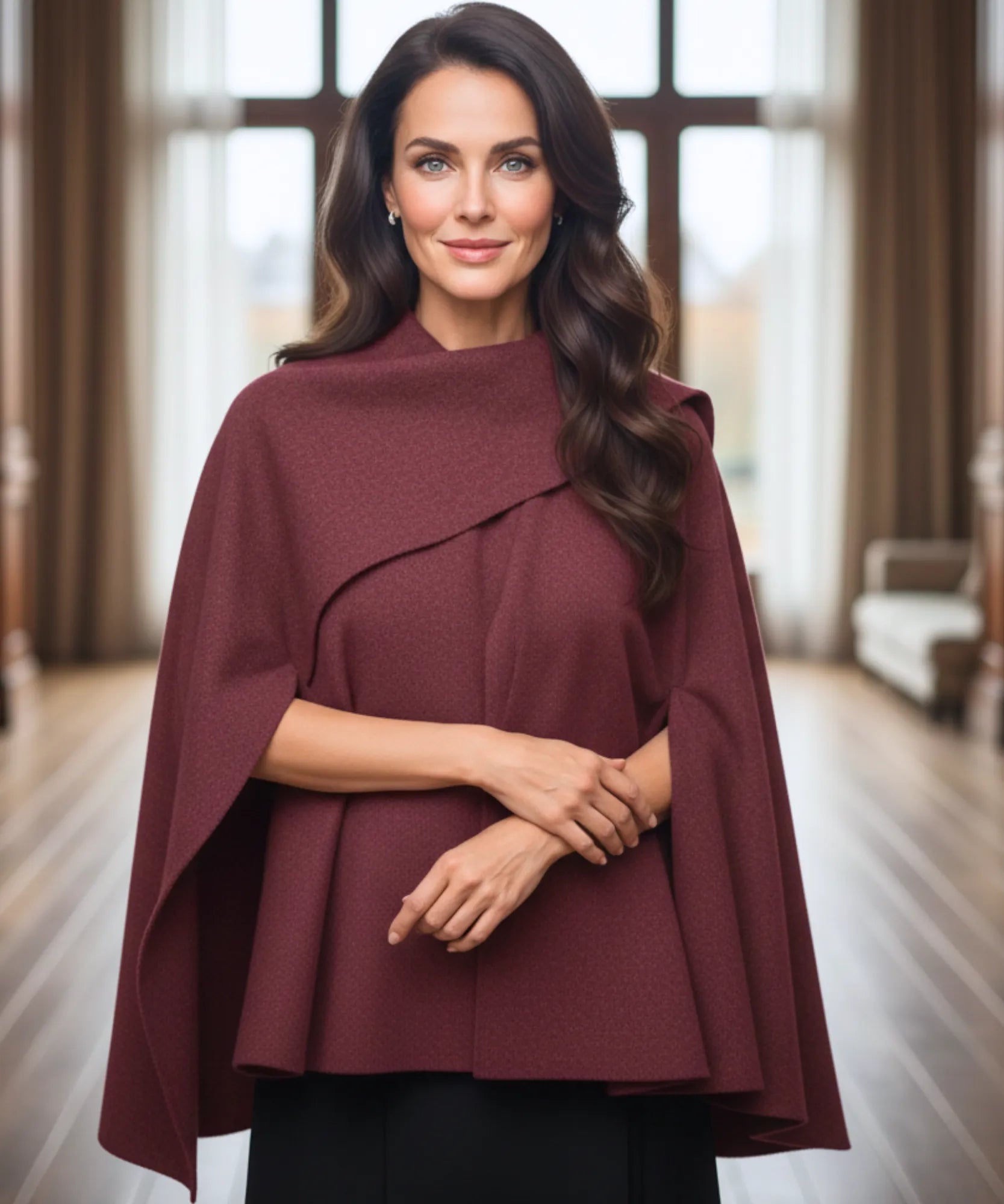 Front view of the oversized wool wrap coat in burgundy