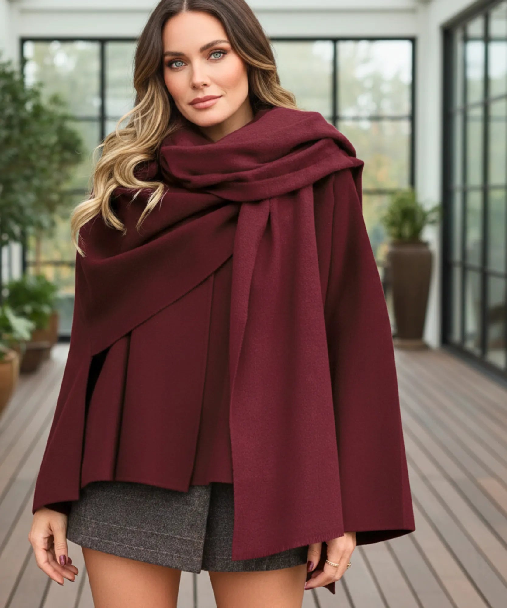 Close-up of the burgundy wool coat's shawl collar